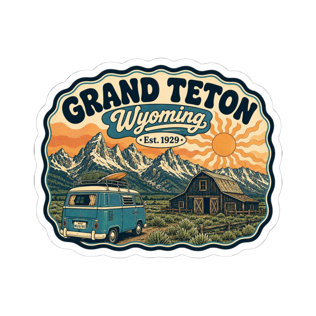 Grand Teton Wyoming vintage sticker featuring teal camper van, mountains, barn, and rising sun