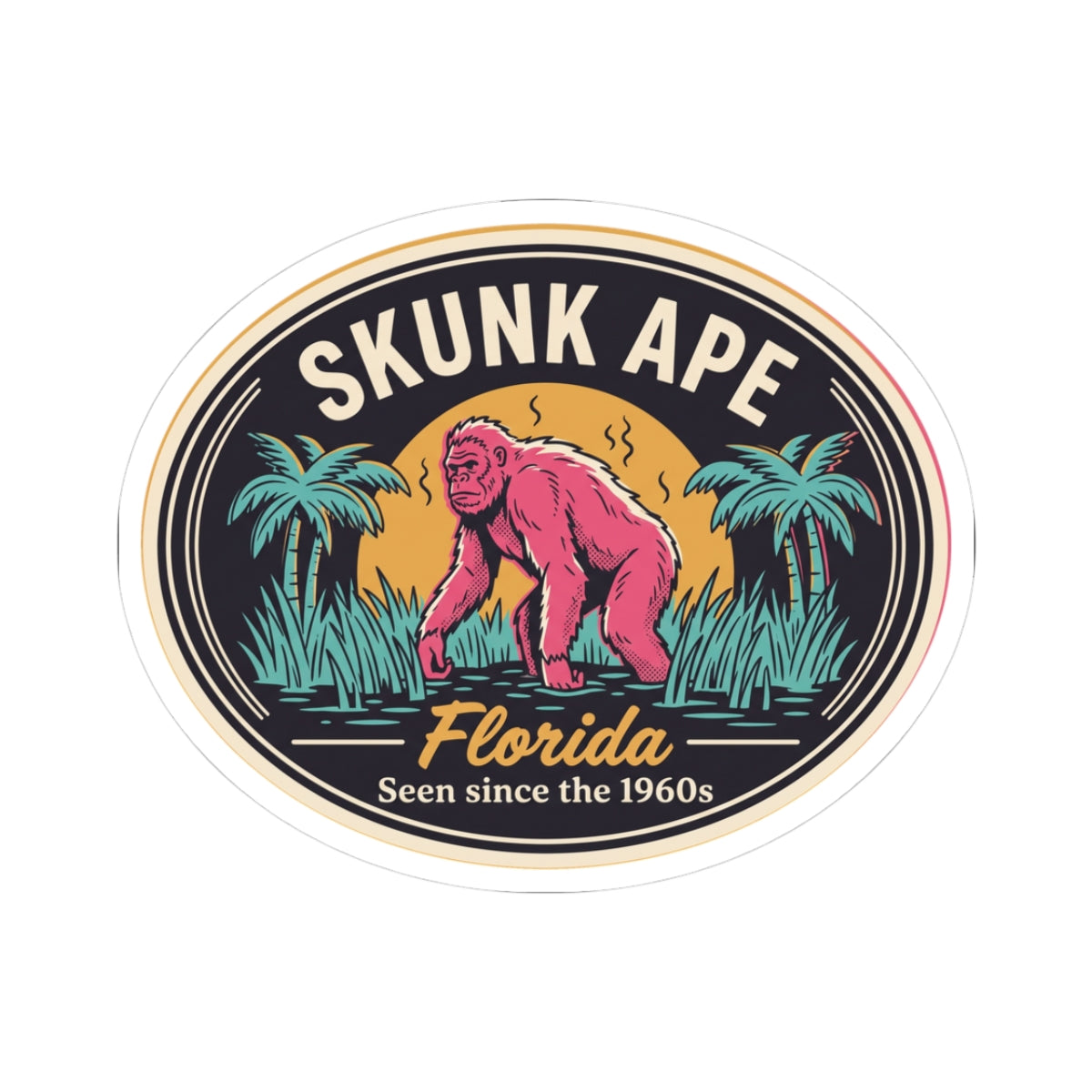 Round kiss-cut sticker with pink Skunk Ape, Florida text, palm trees, and “Seen since the 1960s”