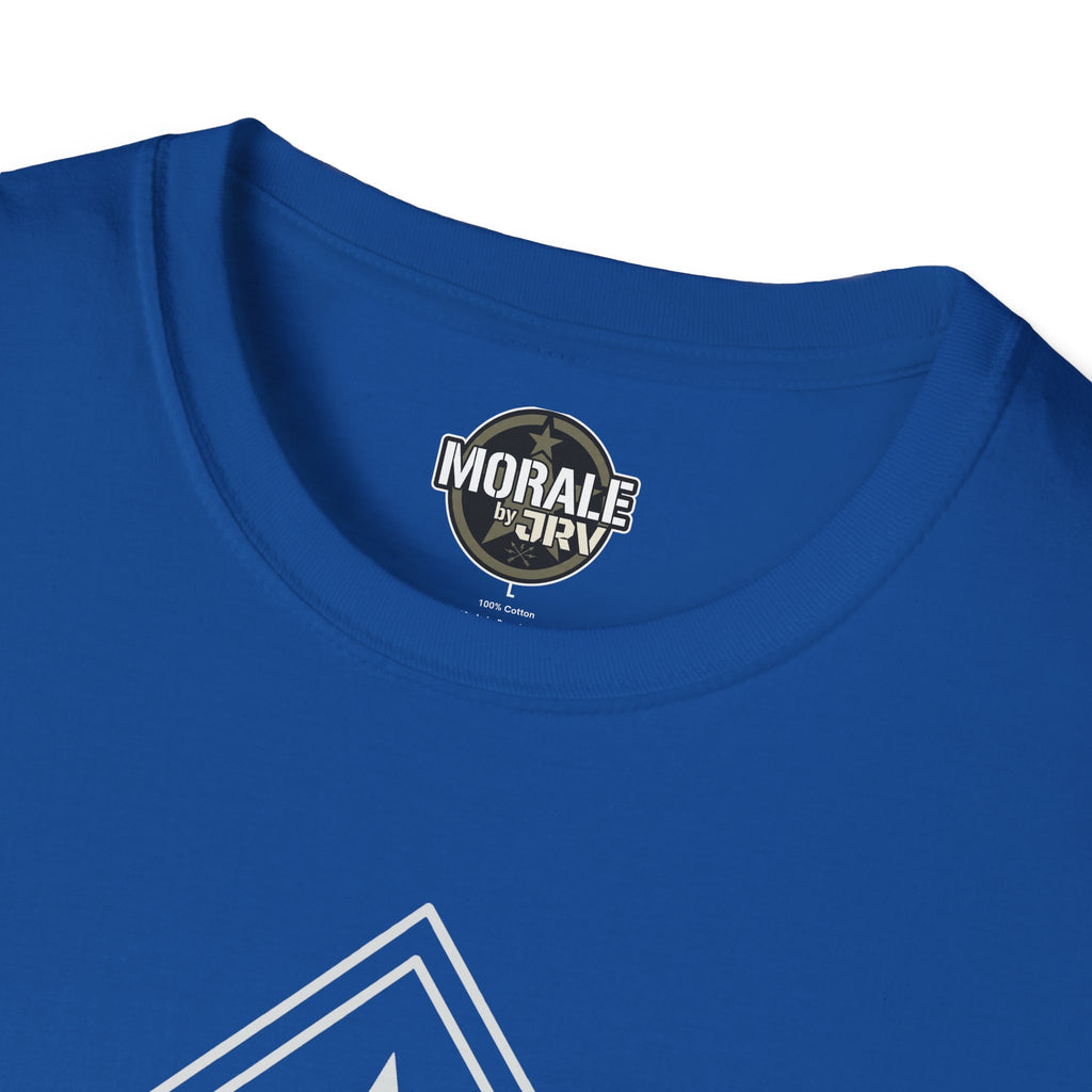 Royal blue t-shirt neckline with “MORAL” by “TRI” brand label