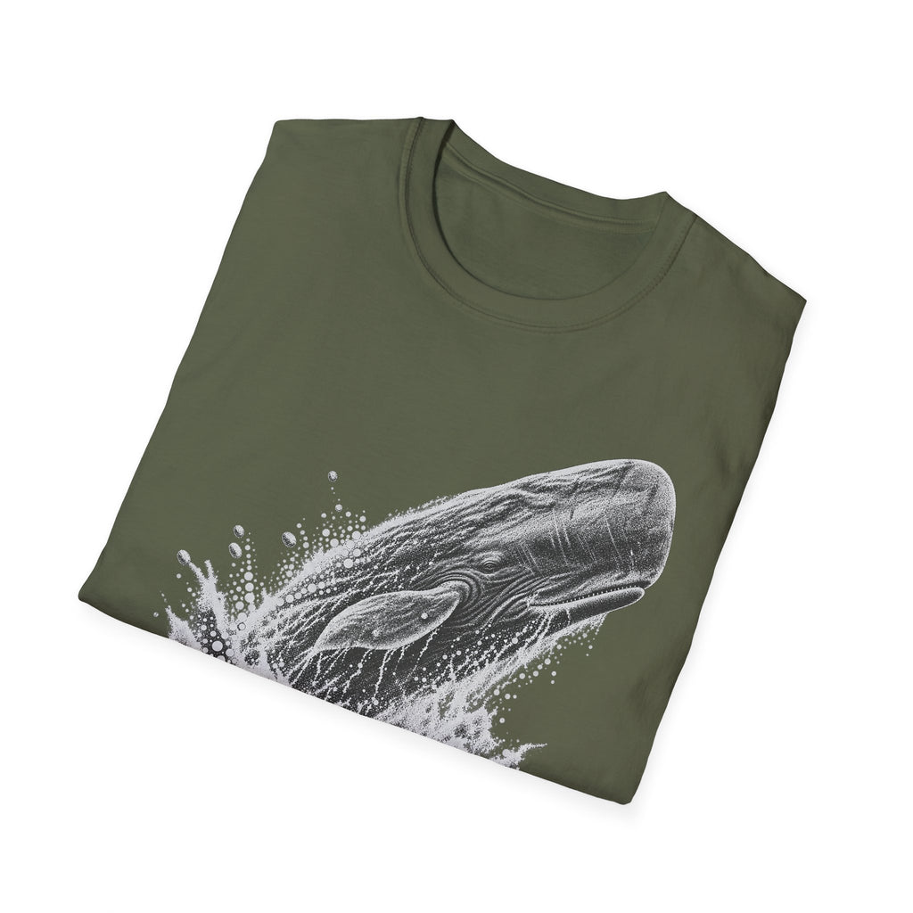 Olive green crew-neck T-shirt with white breaching whale graphic