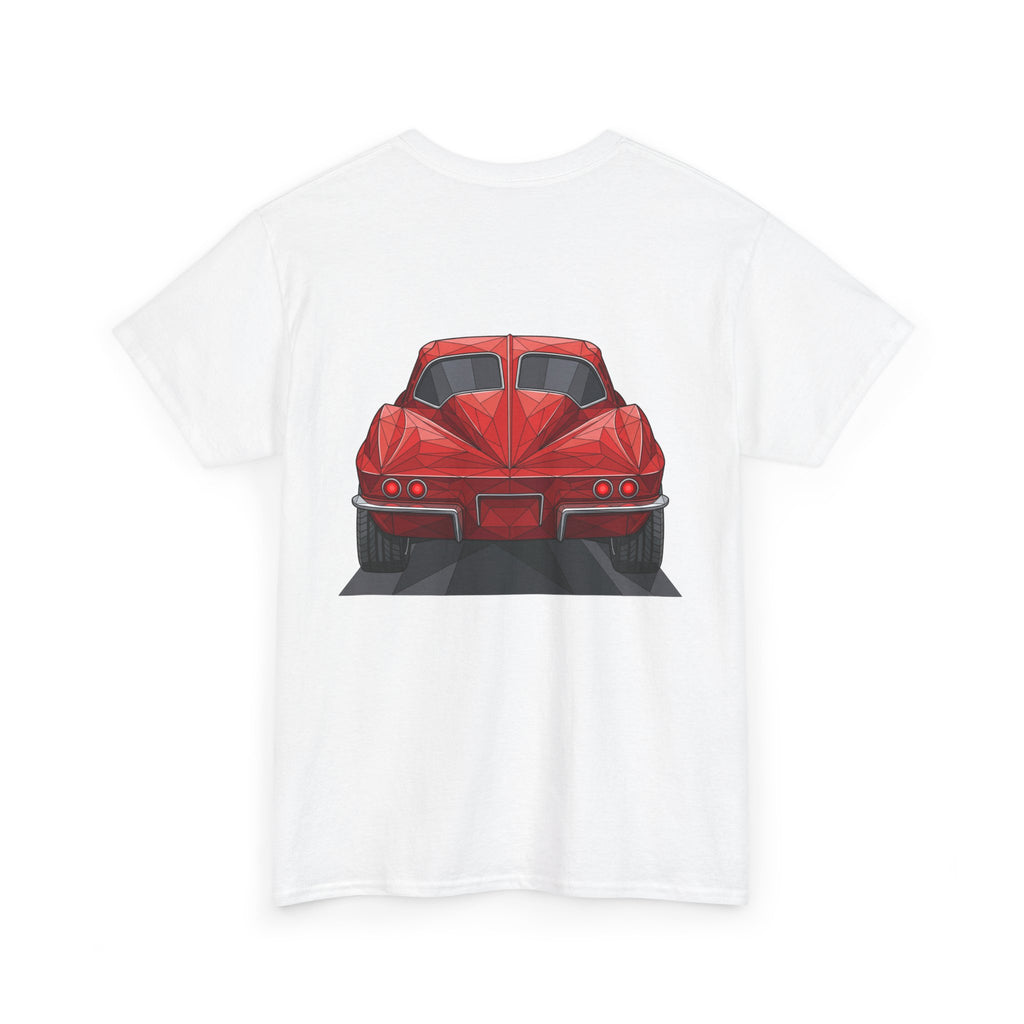 White crew-neck T-shirt with centered red sports coupe graphic, angled view