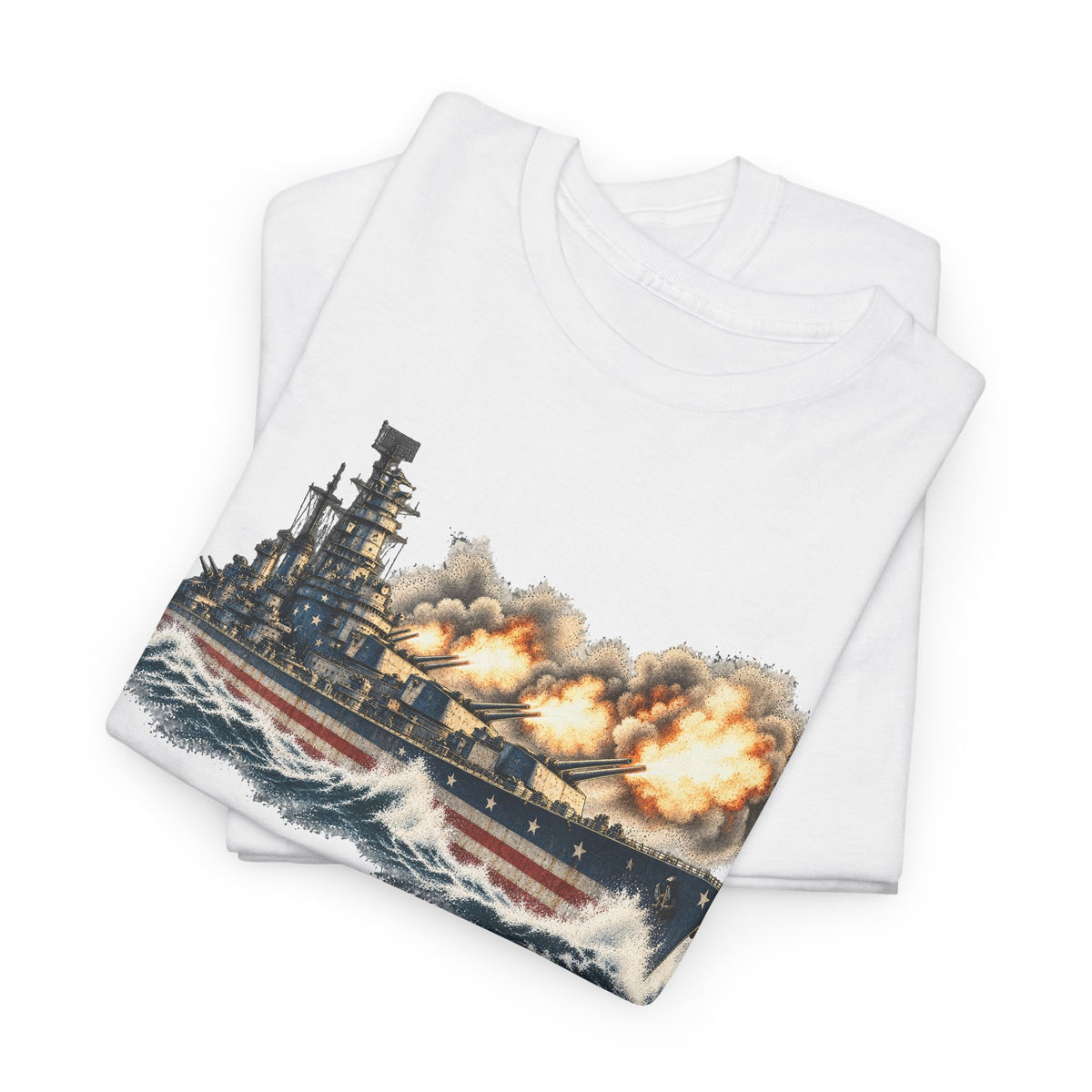 White crewneck T-shirt with battleship and explosion graphic print