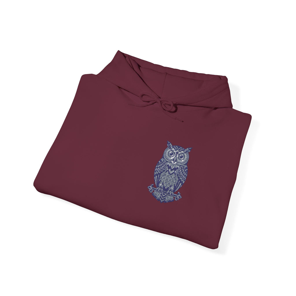 Maroon hoodie with blue owl chest graphic and hooded neckline
