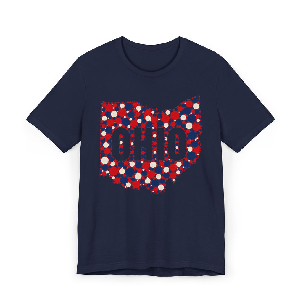 Navy crew-neck t-shirt with red white blue Ohio polka-dot graphic.
