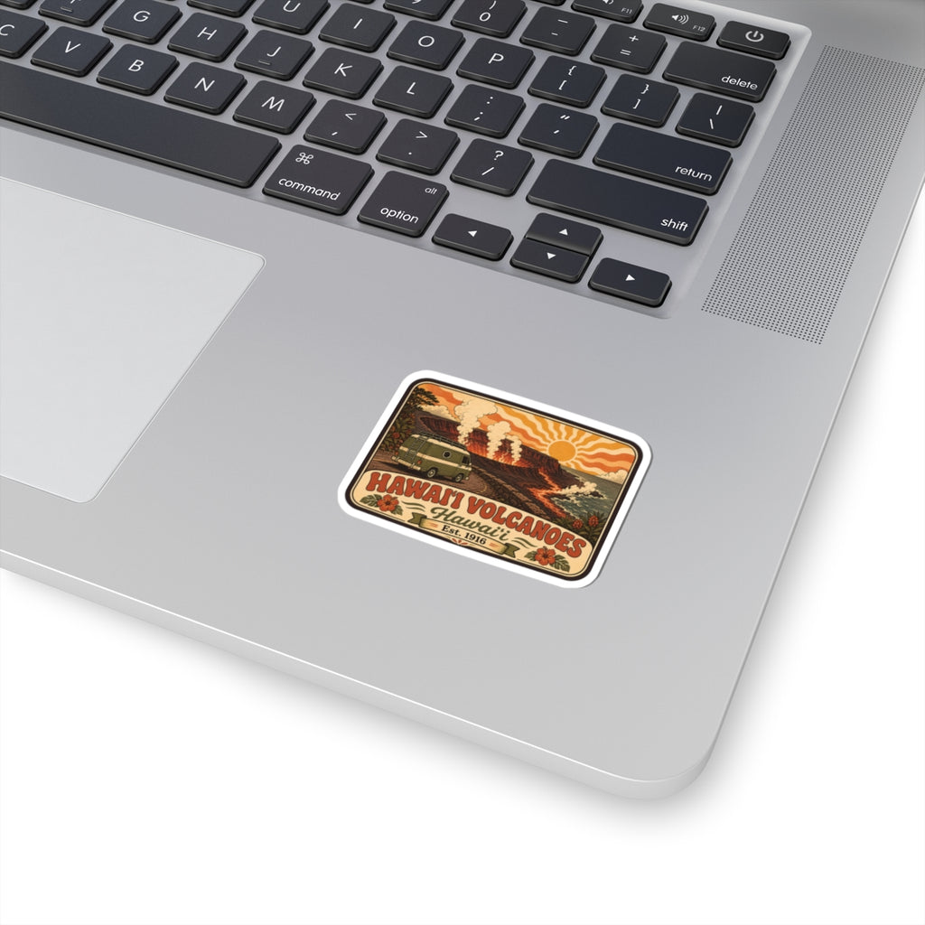 Square white-bordered decal with orange volcano landscape and “Hawaii Volcanoes” text