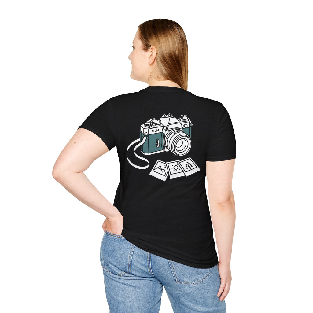 Black T-shirt with back graphic of a vintage film camera and photo icon collage