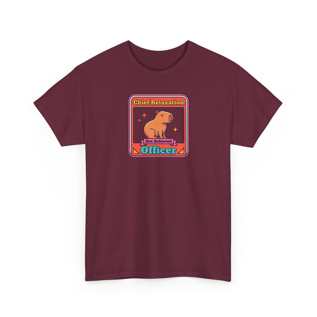 Maroon T-shirt with capybara meditation graphic and 'Officer' text.
