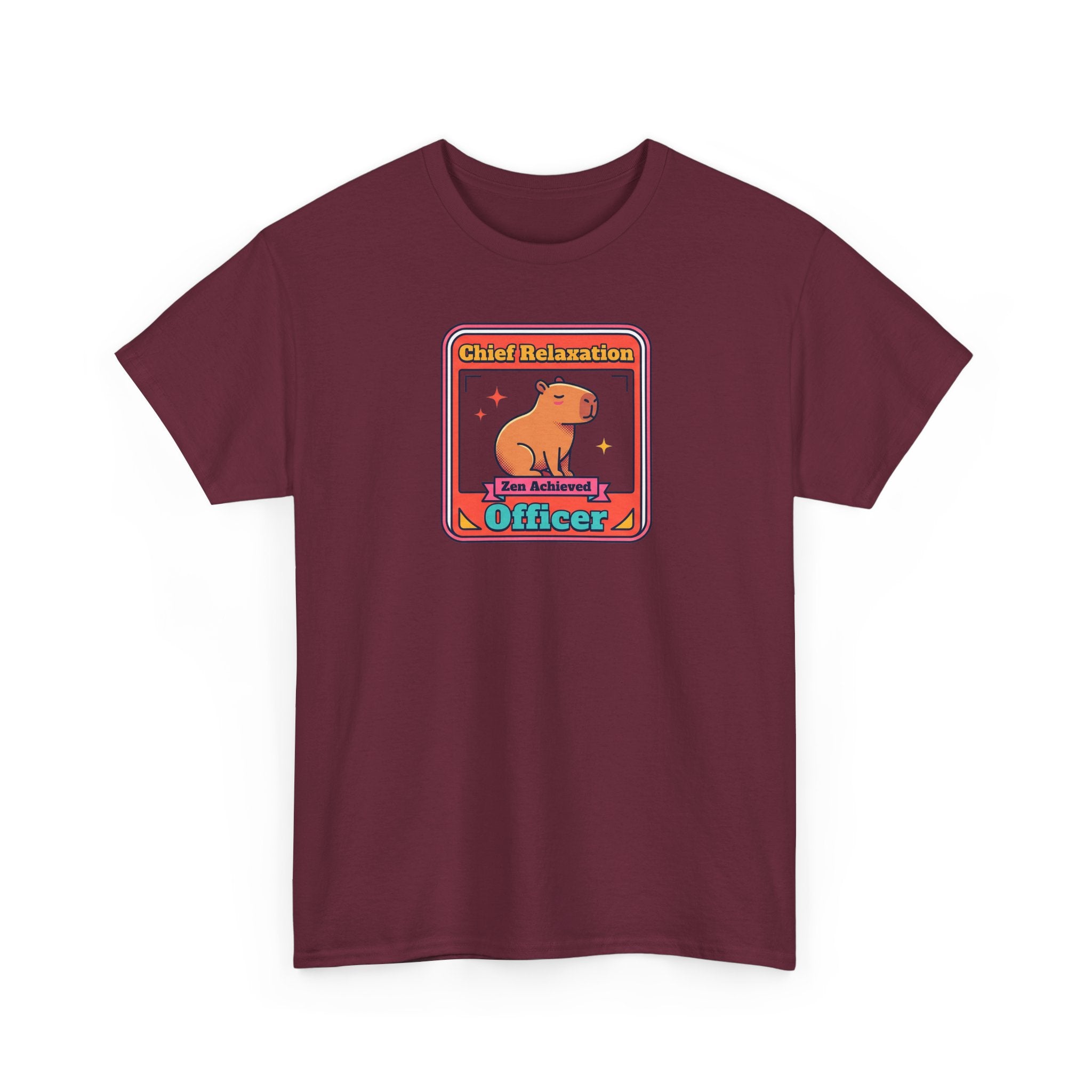 Maroon T-shirt with capybara meditation graphic and 'Officer' text.