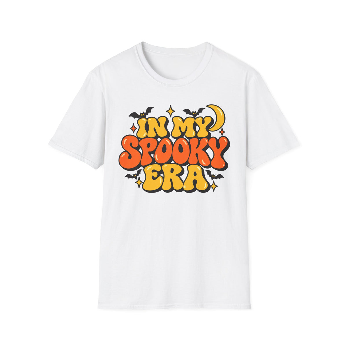 White Halloween graphic T-shirt with orange and yellow bubble lettering