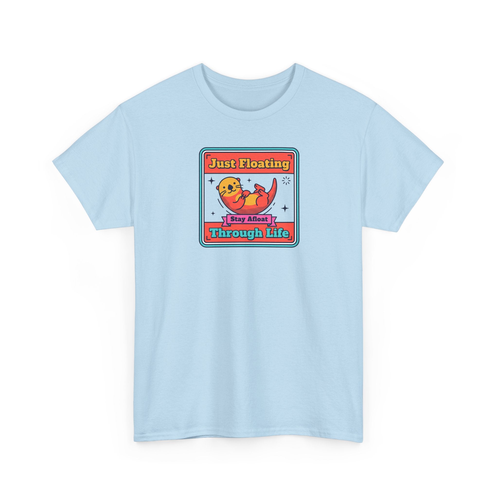 Light blue otter graphic T-shirt with “Just Floating” front print