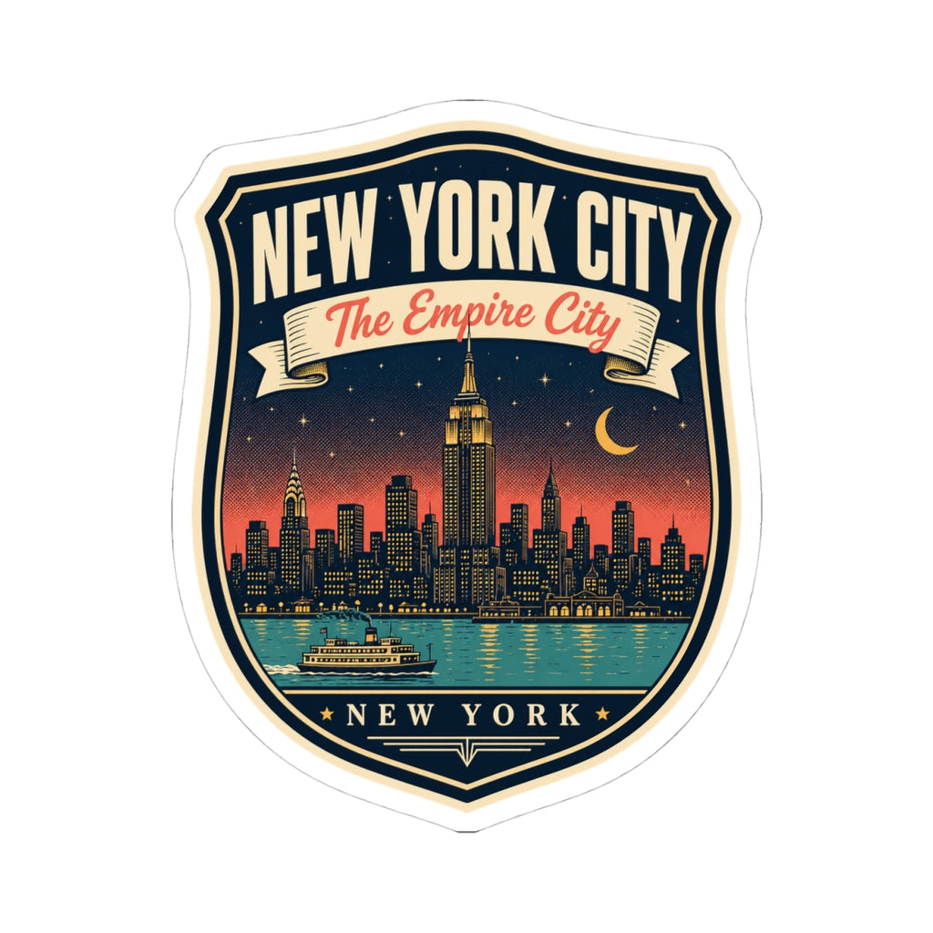 Luggage tag sticker with New York City “The Empire City” crest, skyline, and crescent moon