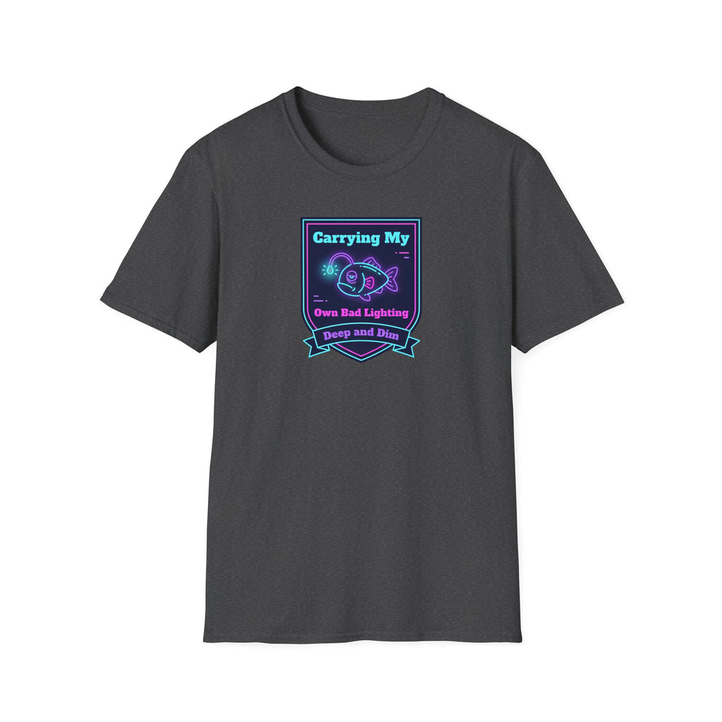 Dark gray T-shirt with chest neon anglerfish logo graphic