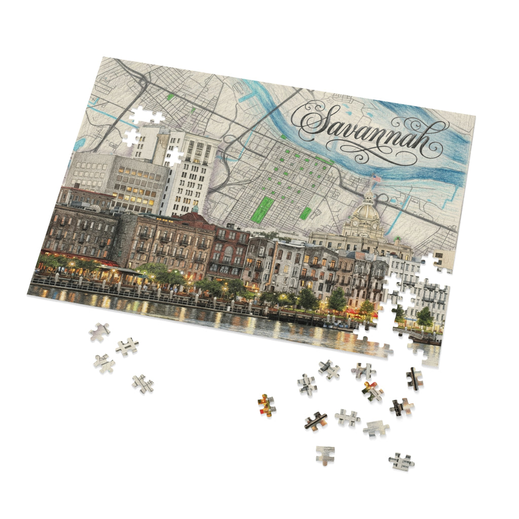 Jigsaw puzzle with Savannah city map and skyline print, plus scattered puzzle pieces