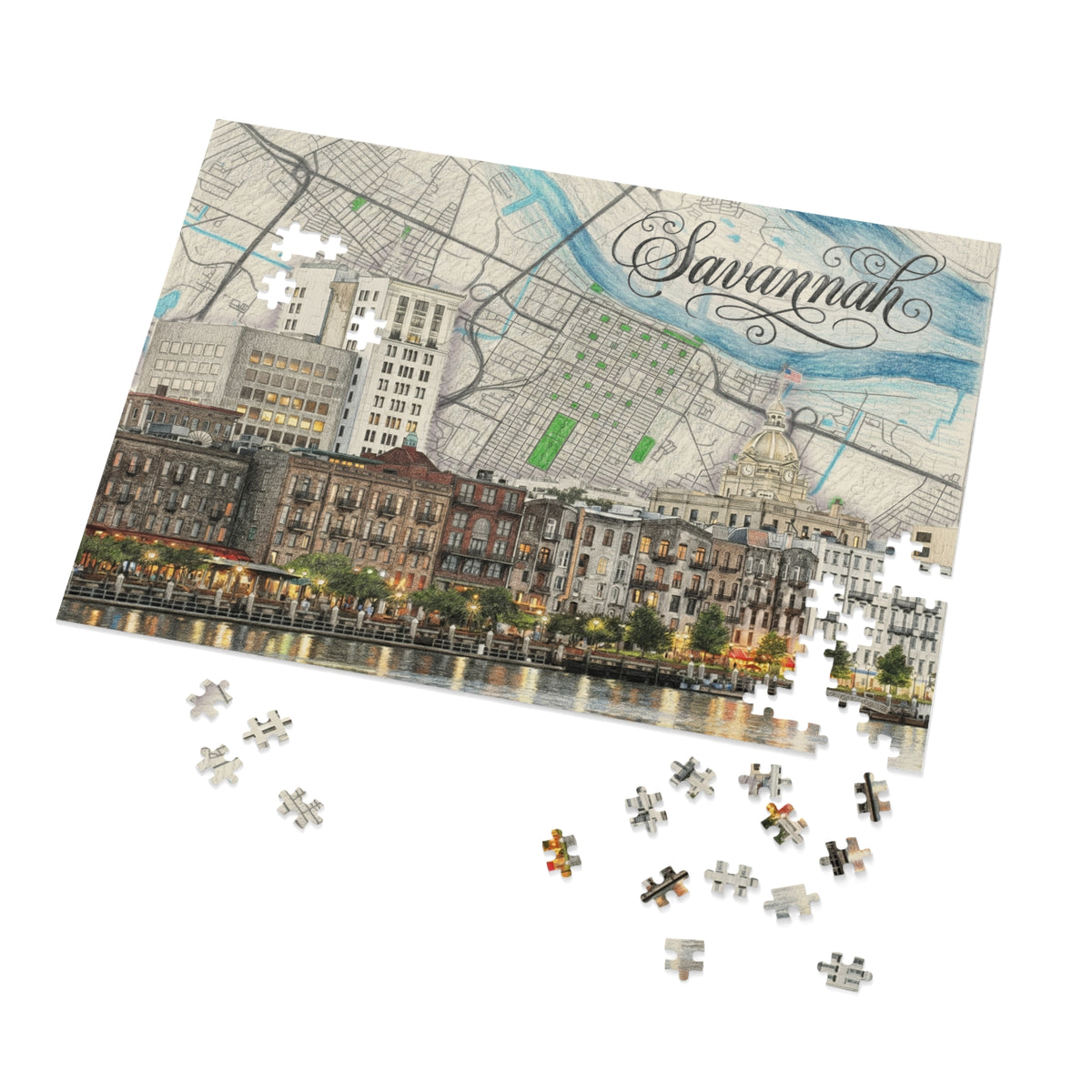Jigsaw puzzle with Savannah city map and skyline print, plus scattered puzzle pieces