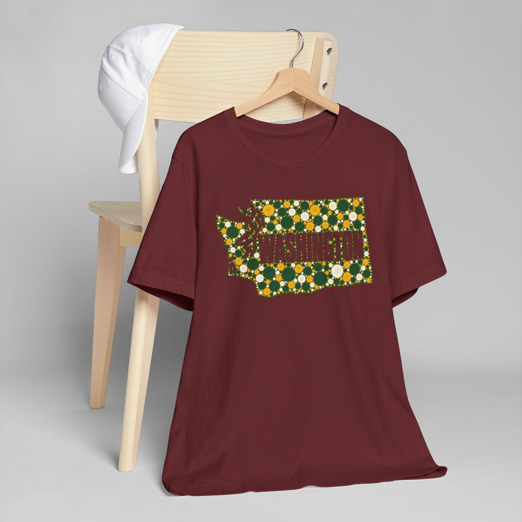 Burgundy crewneck T-shirt with colorful Washington graphic print on chest