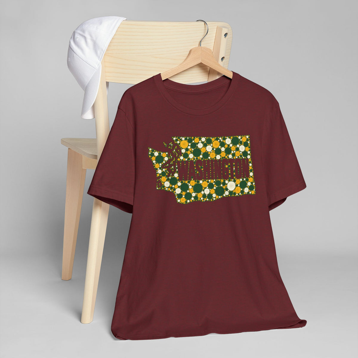 Burgundy crewneck T-shirt with colorful Washington graphic print on chest