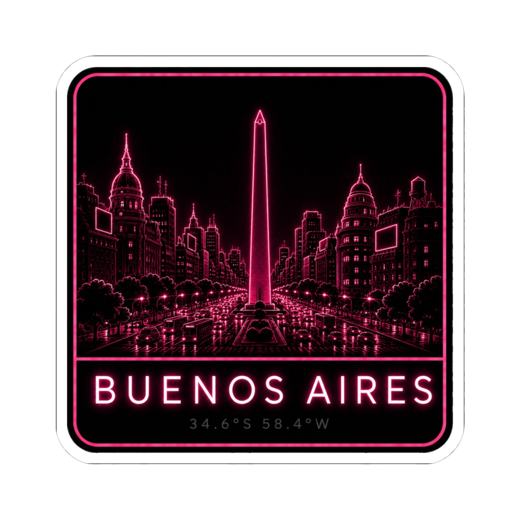 Square Buenos Aires skyline kiss-cut vinyl decal in neon pink with city lights and “BUENOS AIRES”