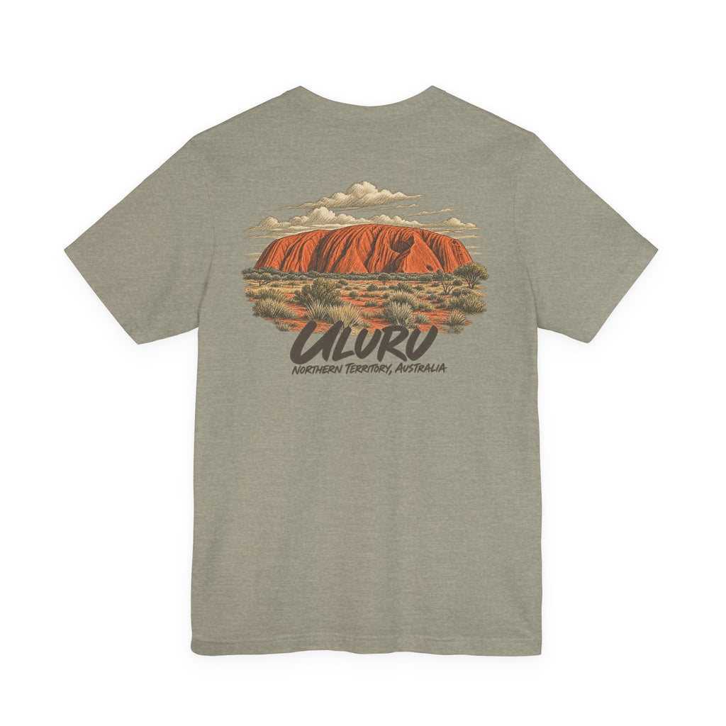 Heather stone T-shirt with large Uluru landscape graphic and “ULURU” text