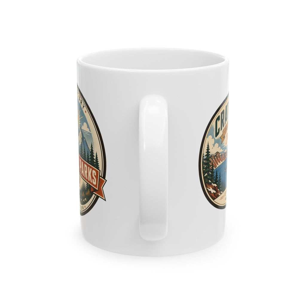 White ceramic mug with park logo prints and front-facing handle cutout