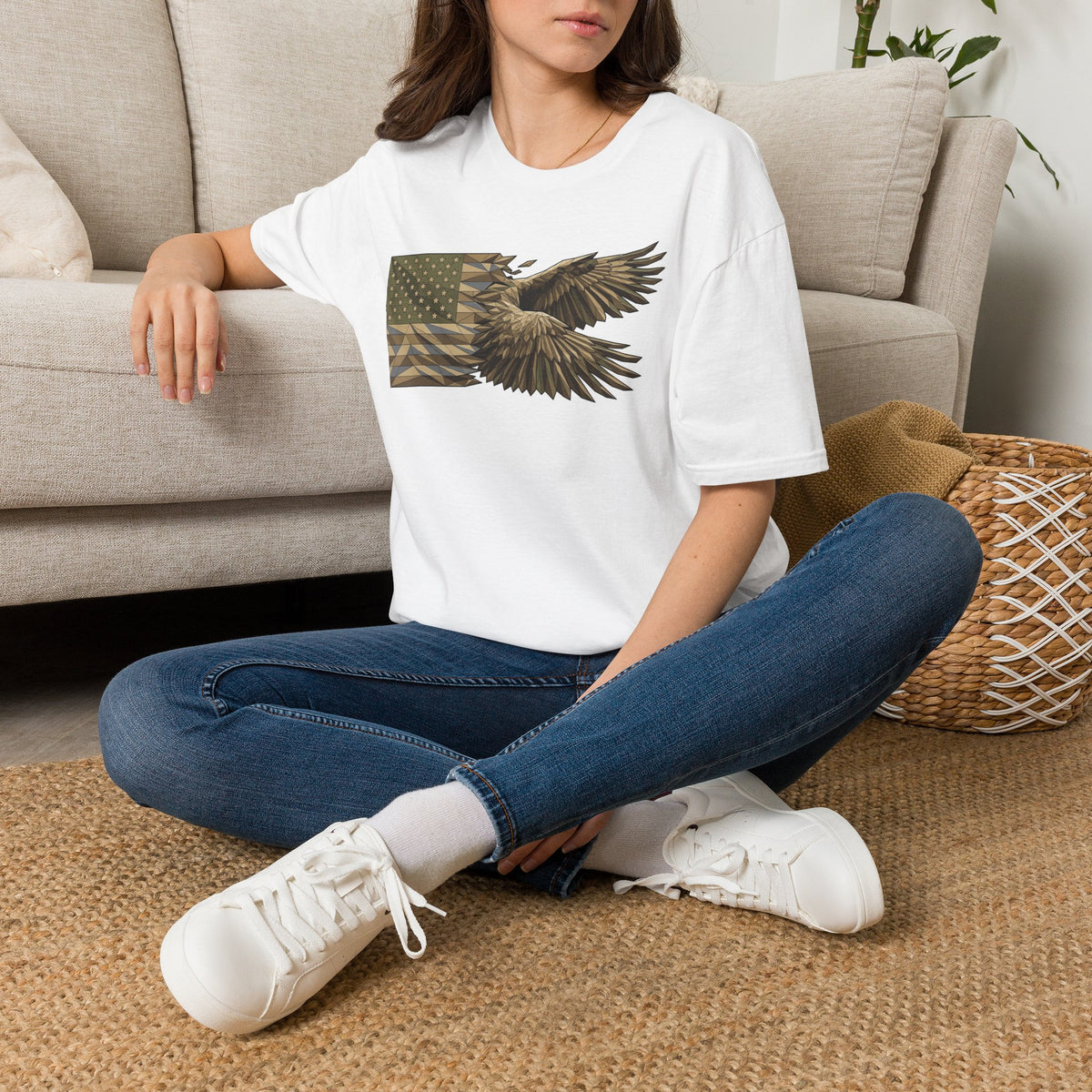 White crewneck T-shirt with flying eagle graphic on American flag print, worn