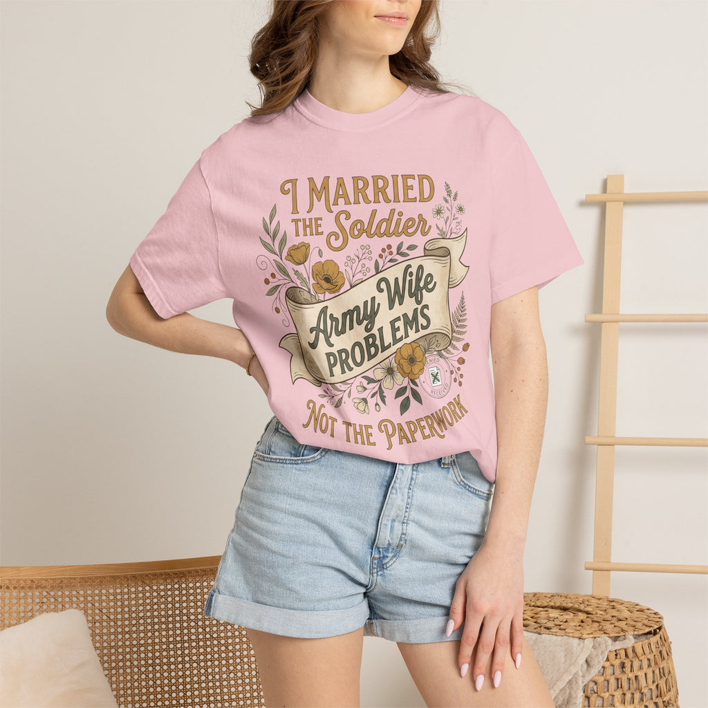 Lilac T-shirt worn by model with 'I Married the Soldier Army Wife problems' print