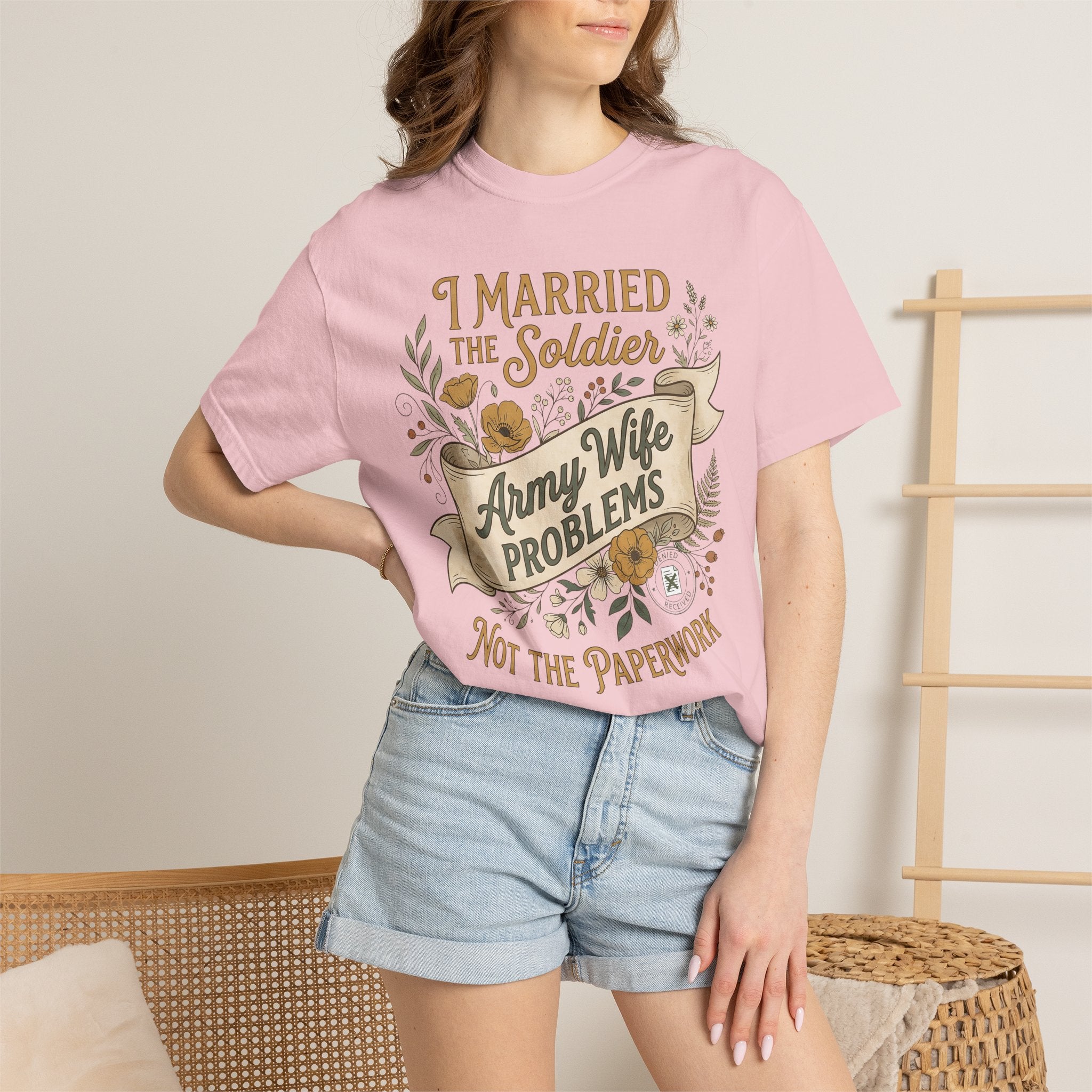 Lilac T-shirt worn by model with 'I Married the Soldier Army Wife problems' print
