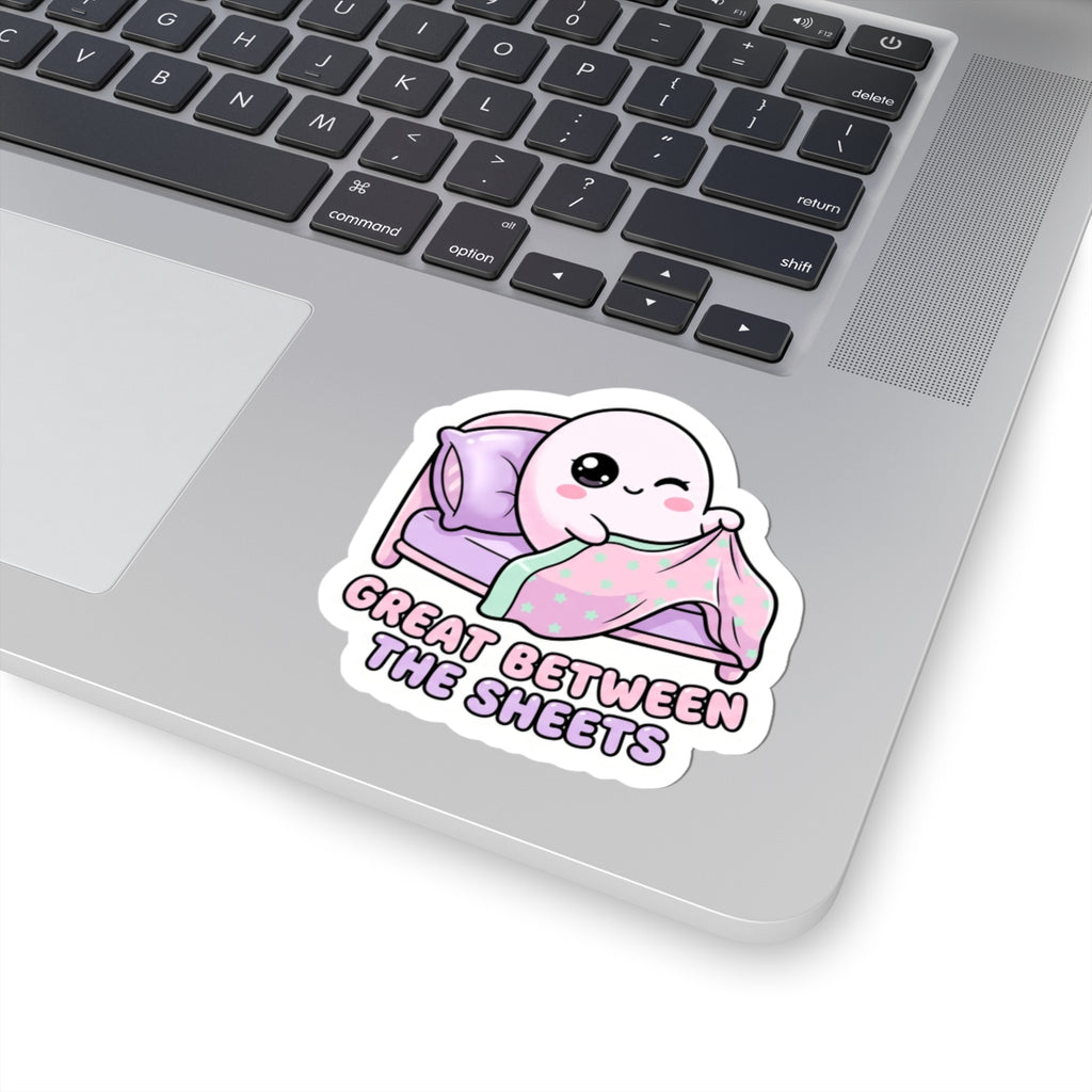 Kawaii bed-ghost kiss-cut sticker, mint star blanket on purple bed, “GREAT BETWEEN THE SHEETS”