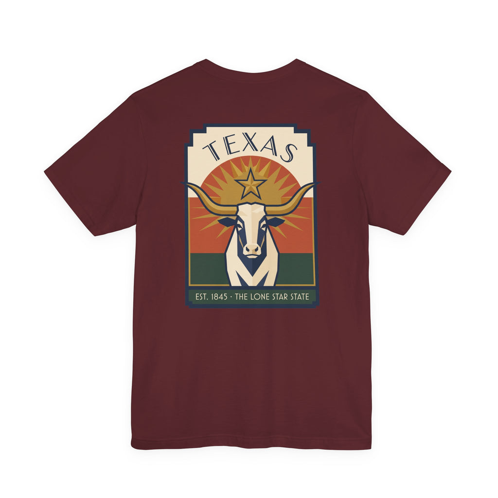 Maroon longhorn graphic T-shirt with large square Texas artwork on chest