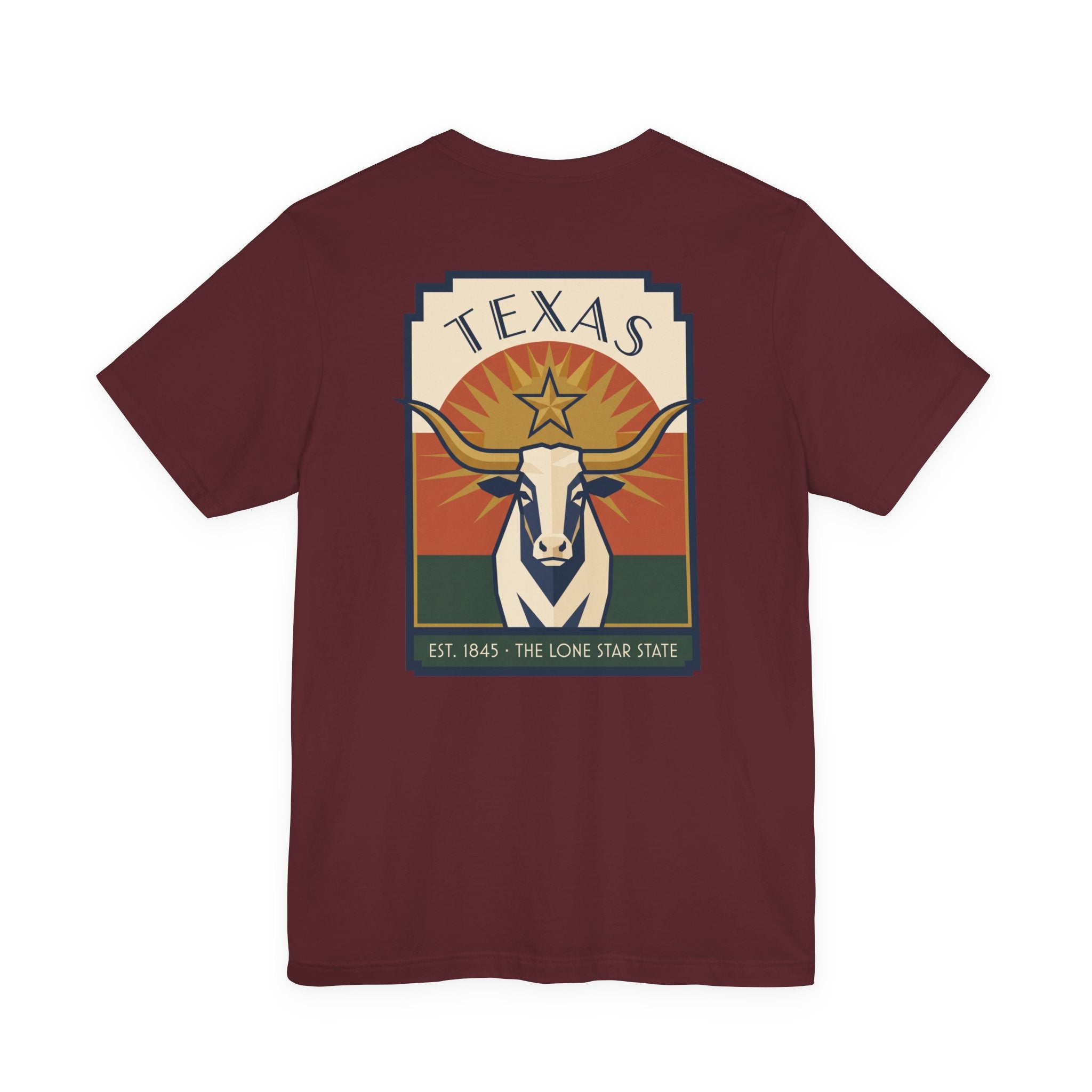 Maroon longhorn graphic T-shirt with large square Texas artwork on chest