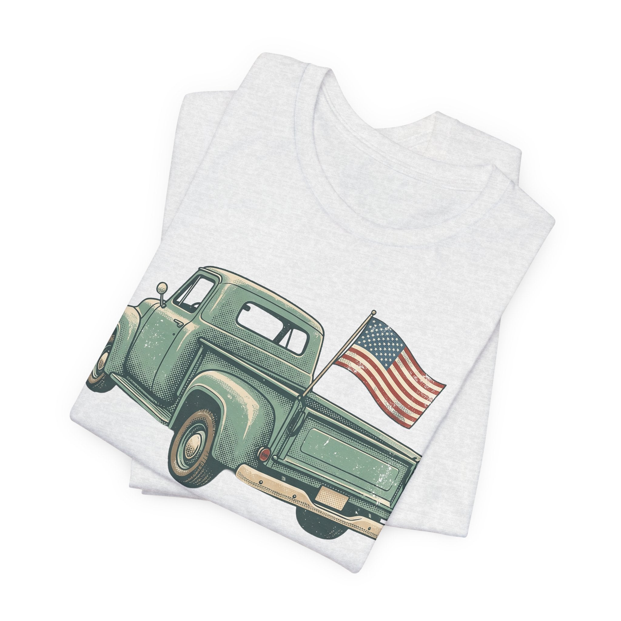 Heather grey T-shirt with green pickup truck and American flag graphic