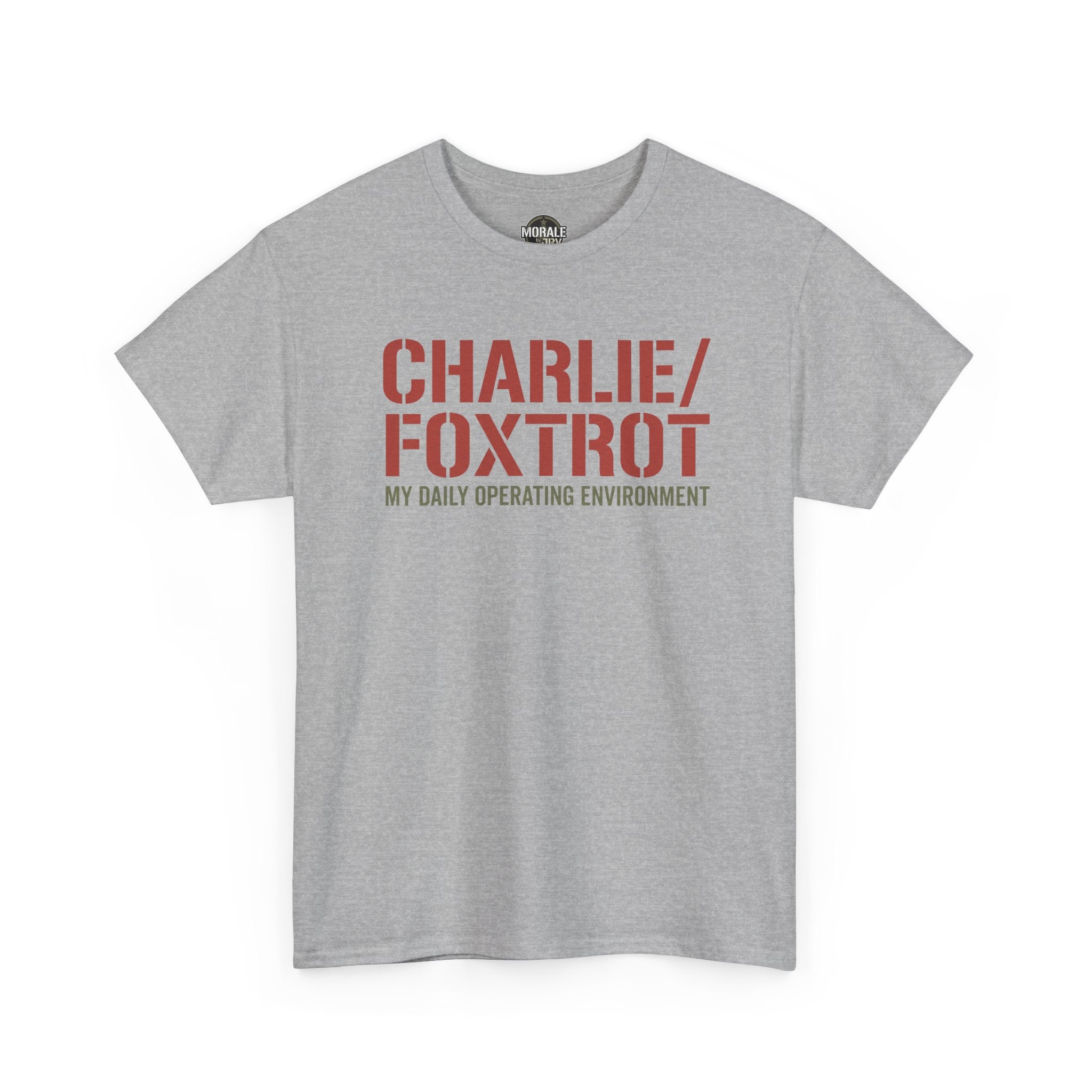 Light gray crewneck T-shirt with short sleeves and red slogan graphic on front