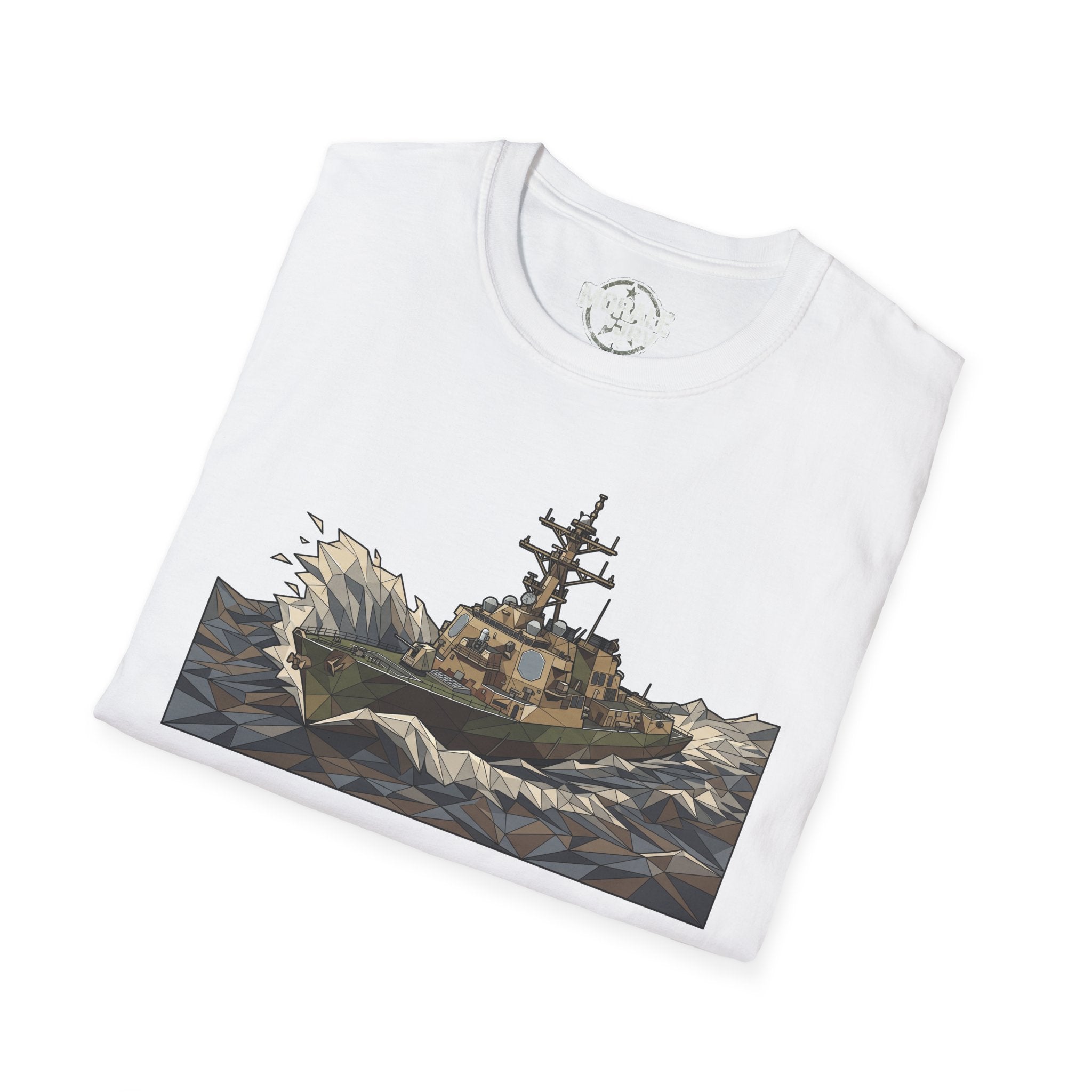 White Coast Guard Cutter T-Shirt with geometric ship and rough seas graphic