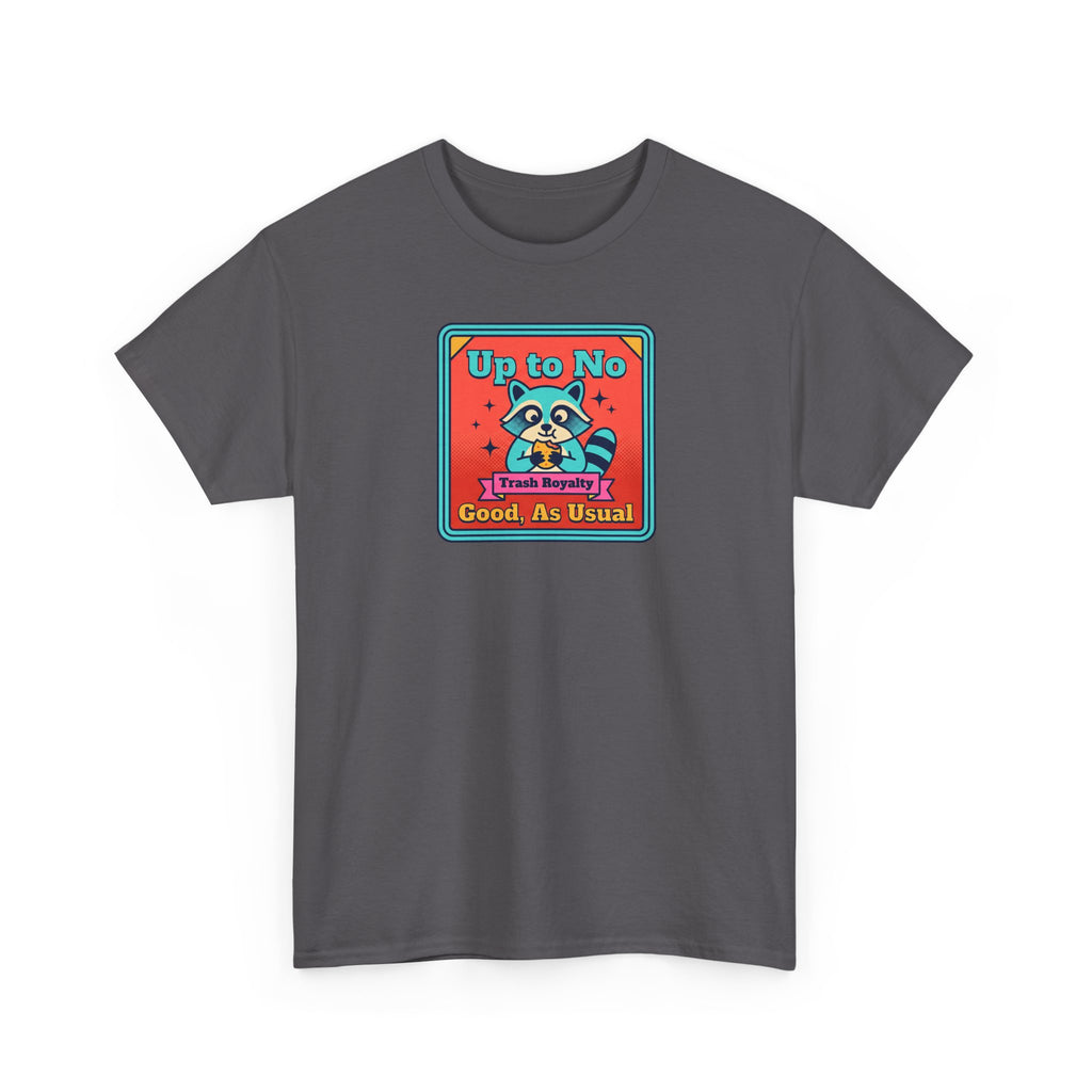 Charcoal gray T-shirt with centered cartoon raccoon graphic and text label