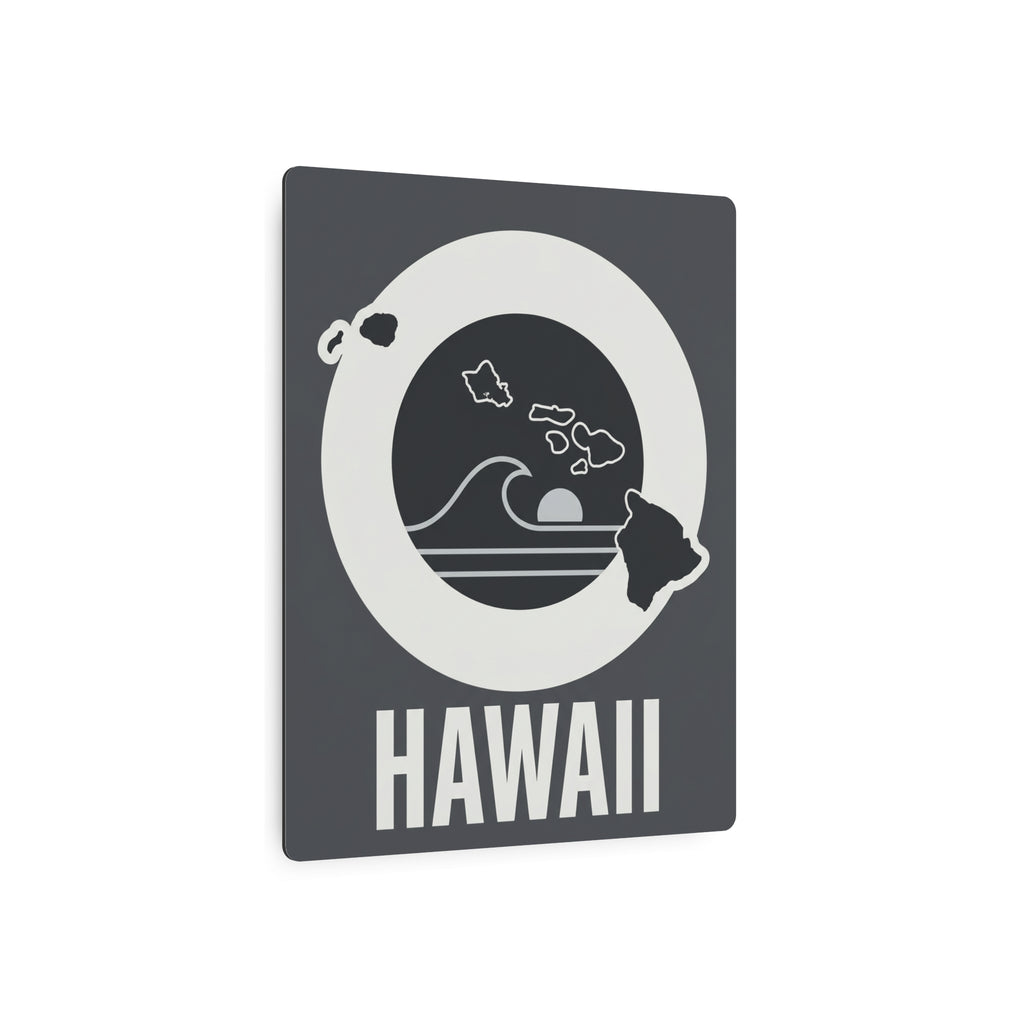Square Hawaii metal wall art with dark gray background, white circle, and HAWAII wordmark