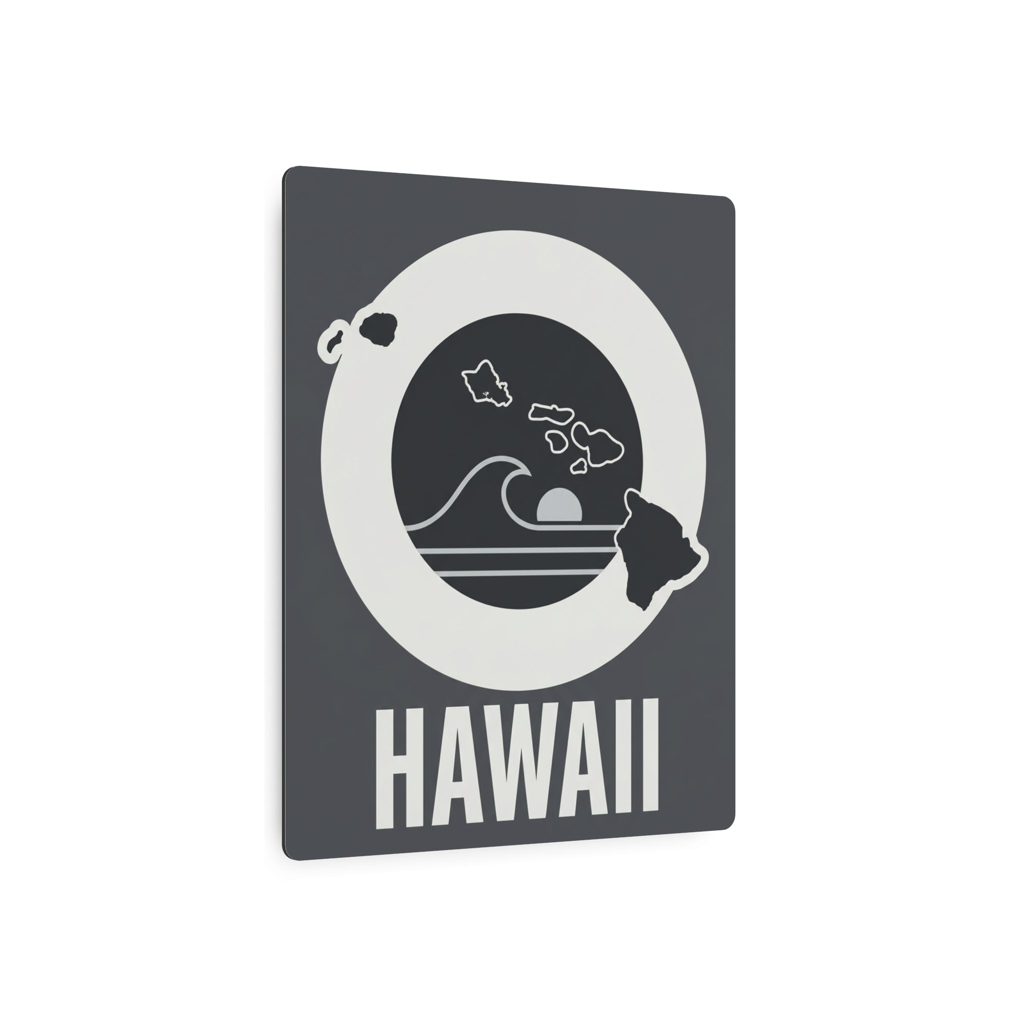 Square Hawaii metal wall art with dark gray background, white circle, and HAWAII wordmark