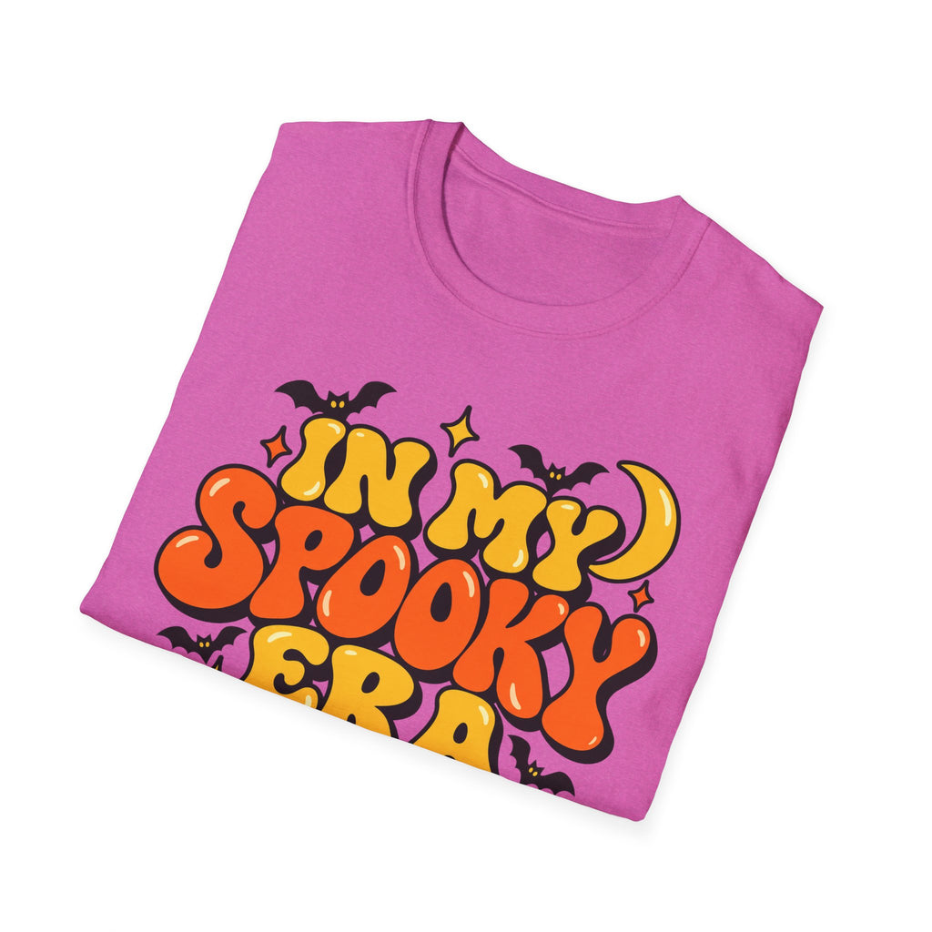Pink Halloween T-shirt with colorful bubble “spooky” lettering and bat icons