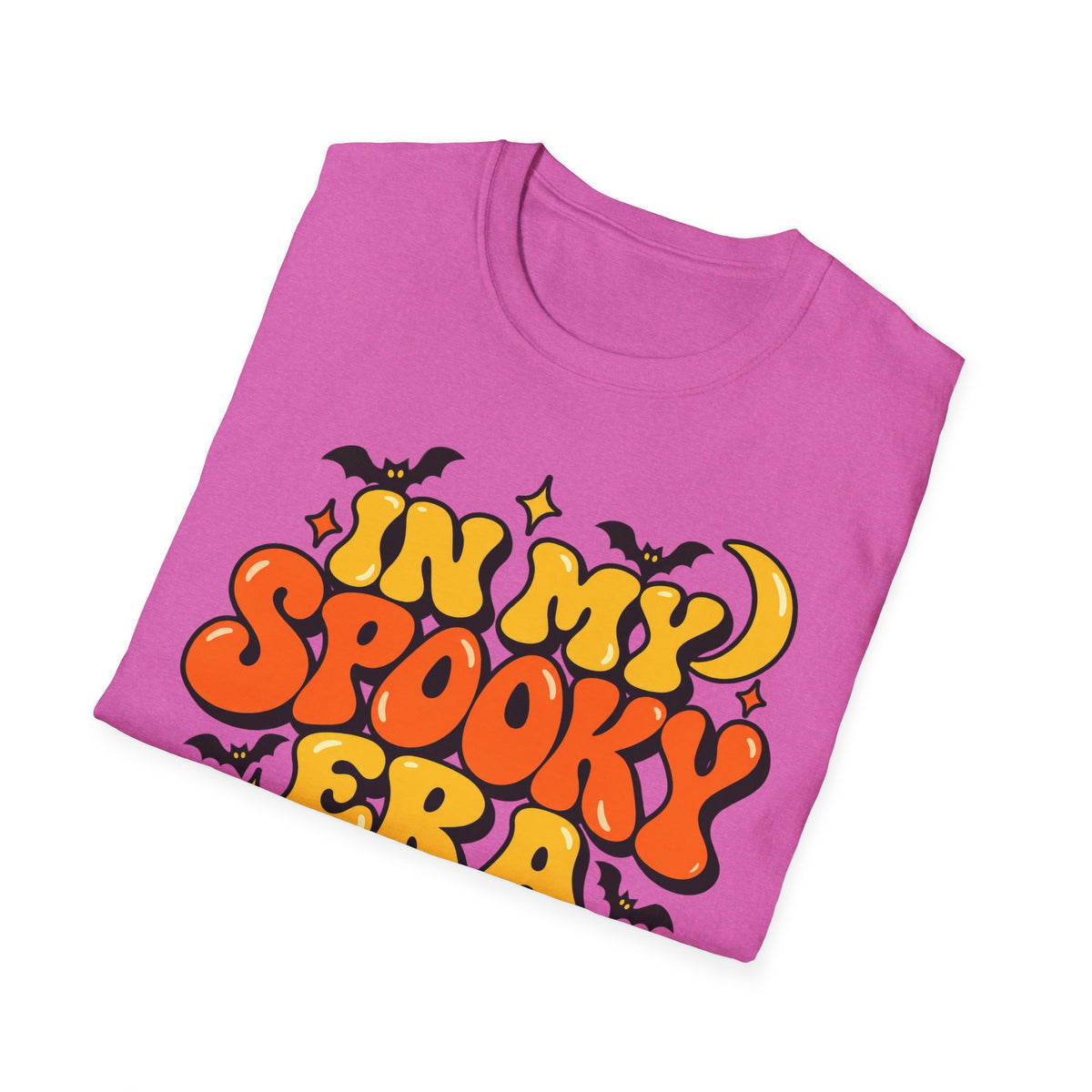 Pink Halloween T-shirt with colorful bubble “spooky” lettering and bat icons
