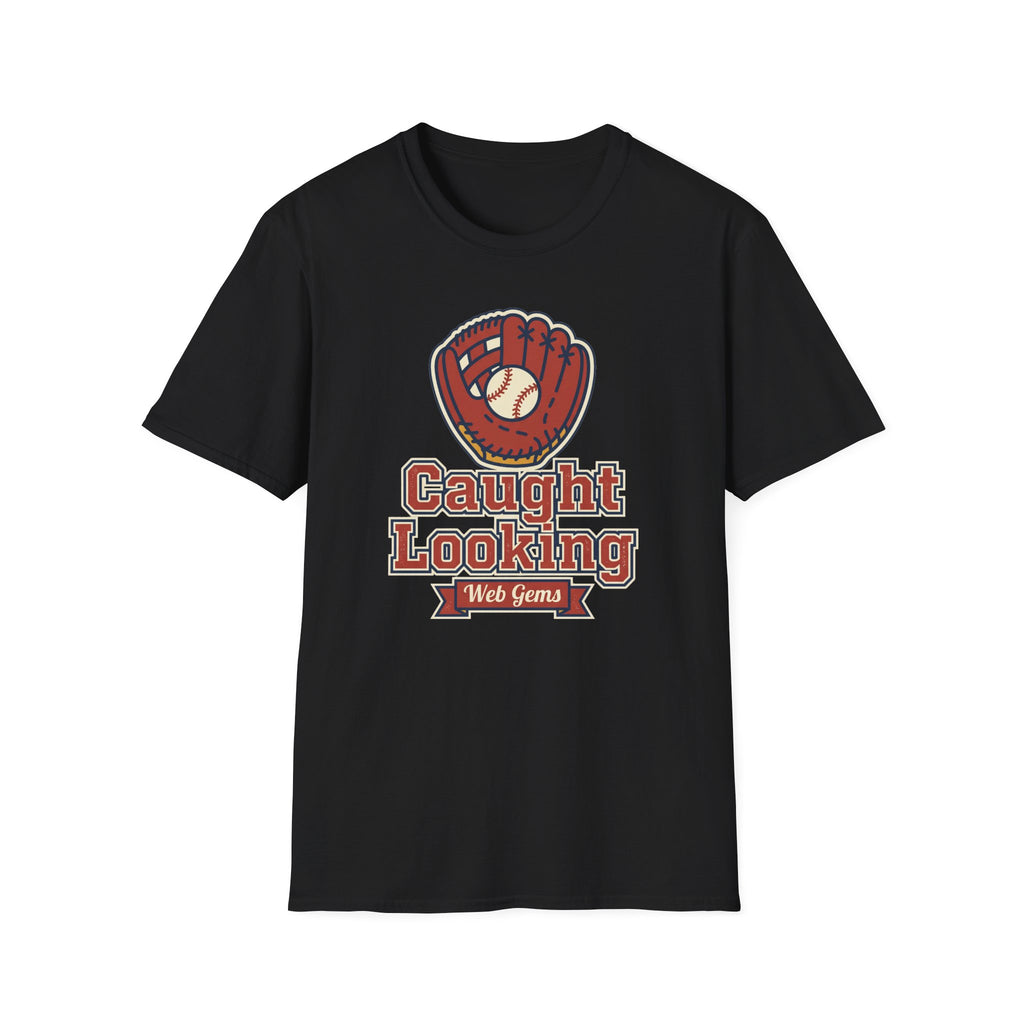 Black baseball t-shirt, front view, with “Caught Looking” glove graphic