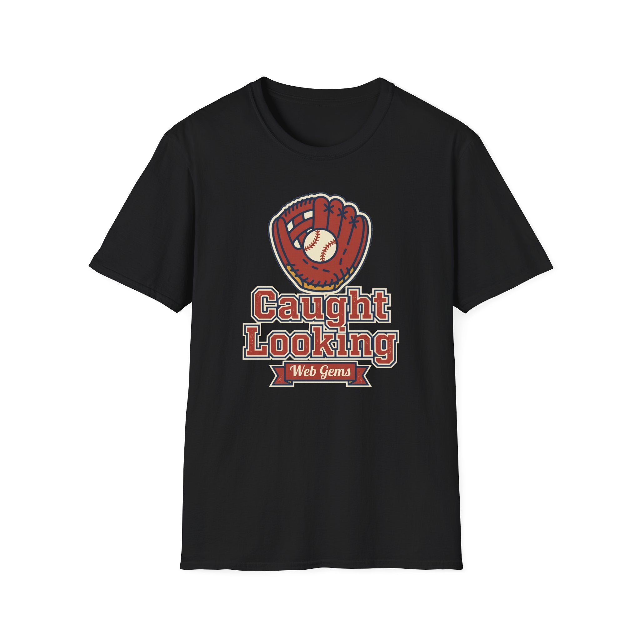 Black baseball t-shirt, front view, with “Caught Looking” glove graphic