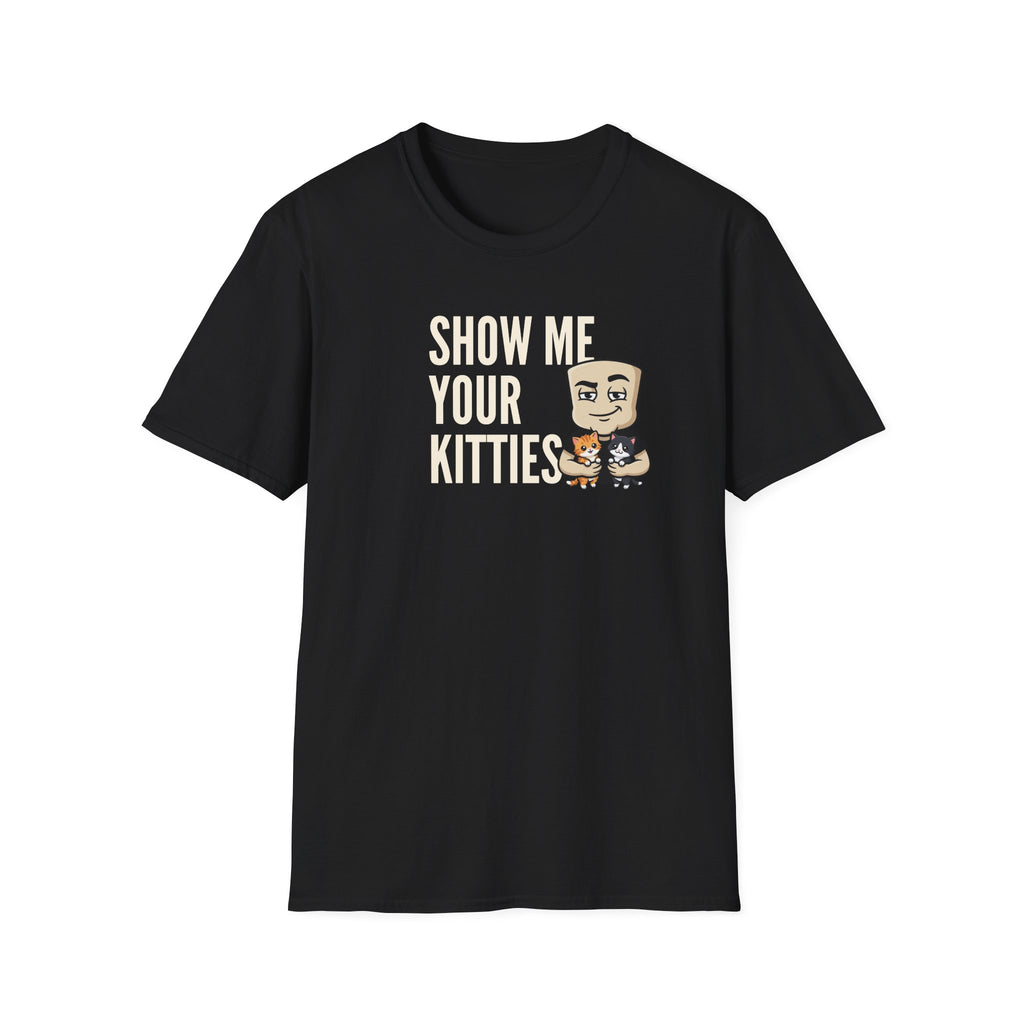 Black T-shirt with "Show Me Your Kitties" cat character graphic