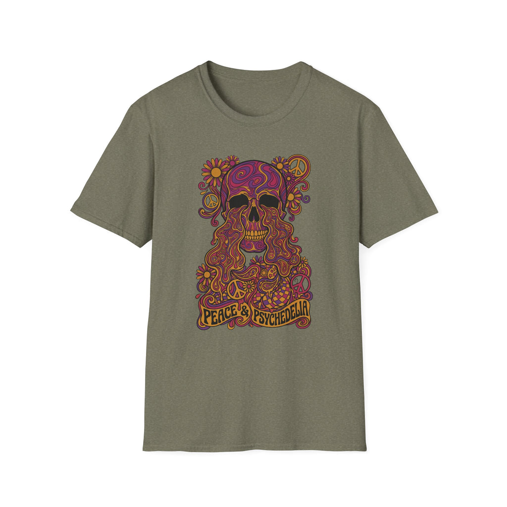 Skull T-shirt in olive green with colorful floral psychedelic skull graphic and peace slogan