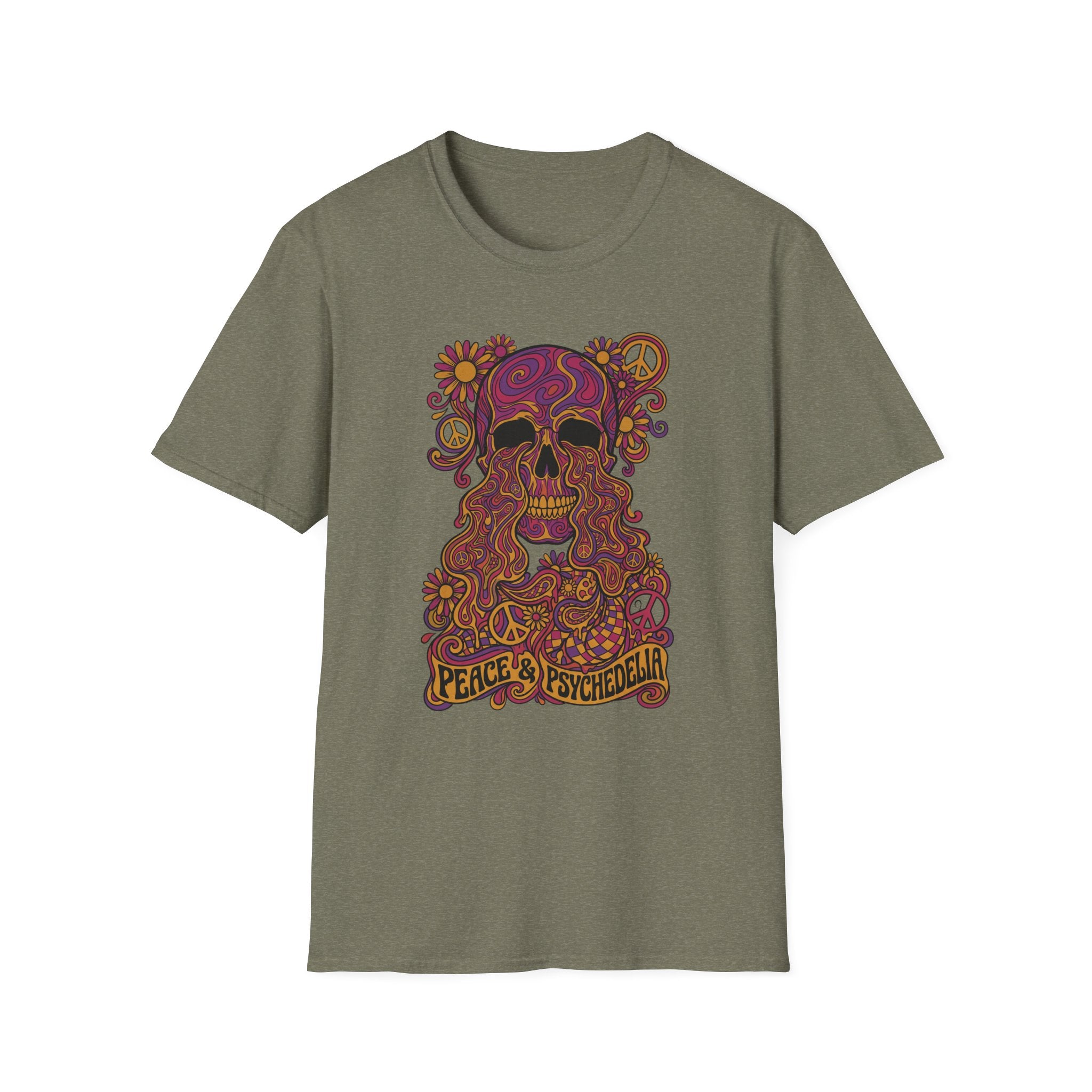 Skull T-shirt in olive green with colorful floral psychedelic skull graphic and peace slogan