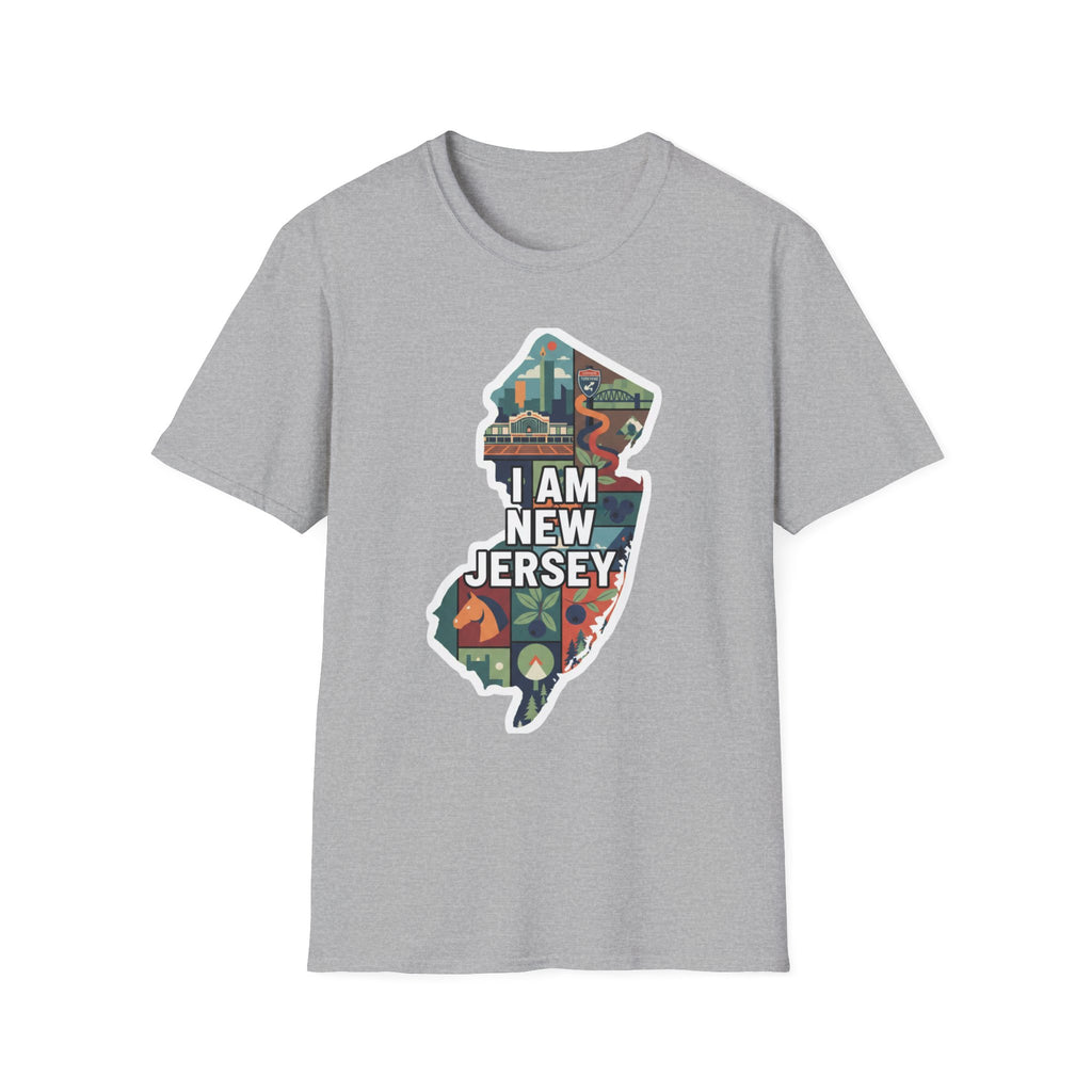 Sport gray New Jersey map graphic T-shirt with multicolor "I AM NEW JERSEY" design