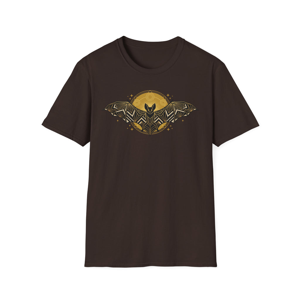 Dark chocolate T-shirt with gold geometric bat and moon graphic