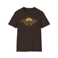 Dark chocolate T-shirt with gold geometric bat and moon graphic