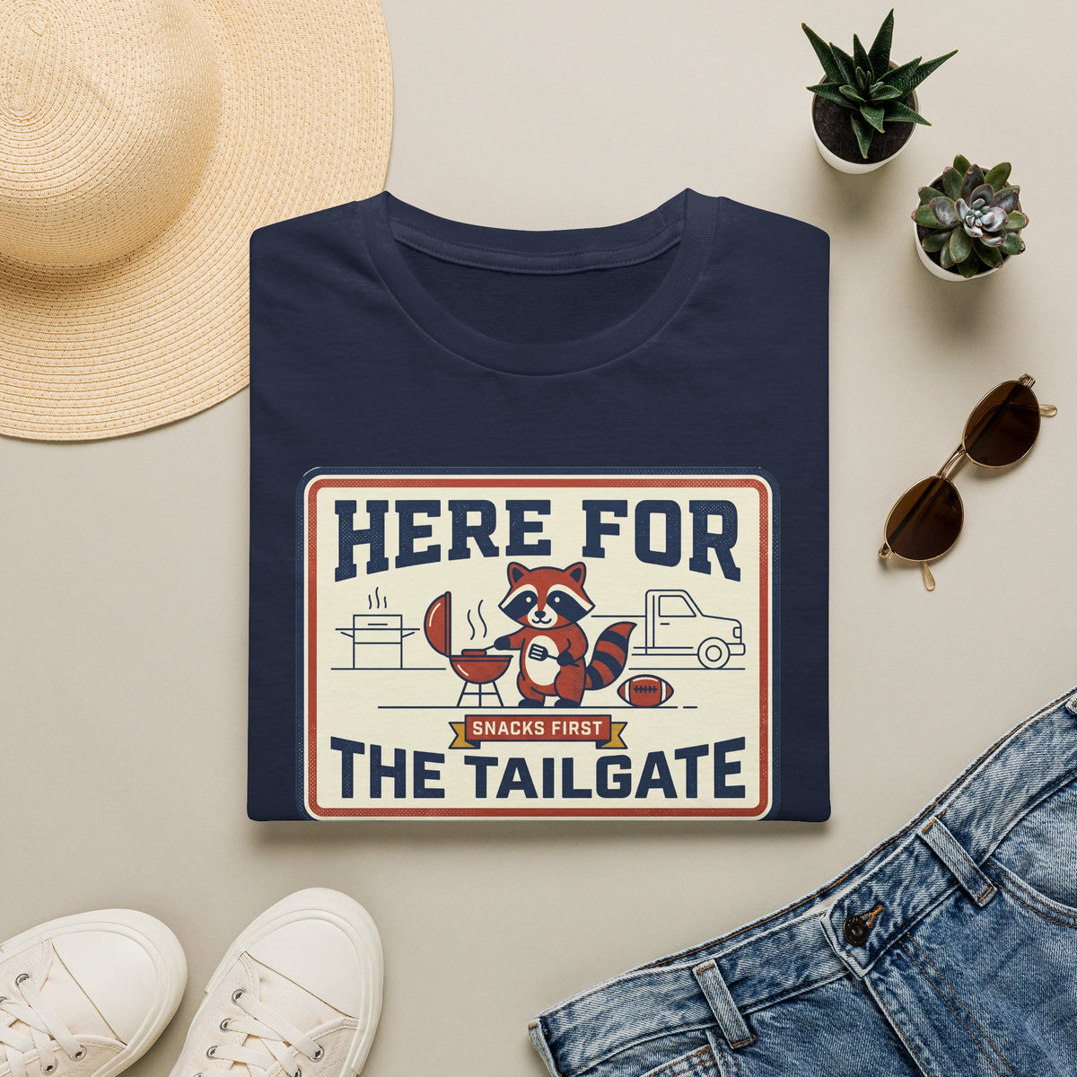 Navy crewneck T-shirt with “Here for the Tailgate” raccoon graphic