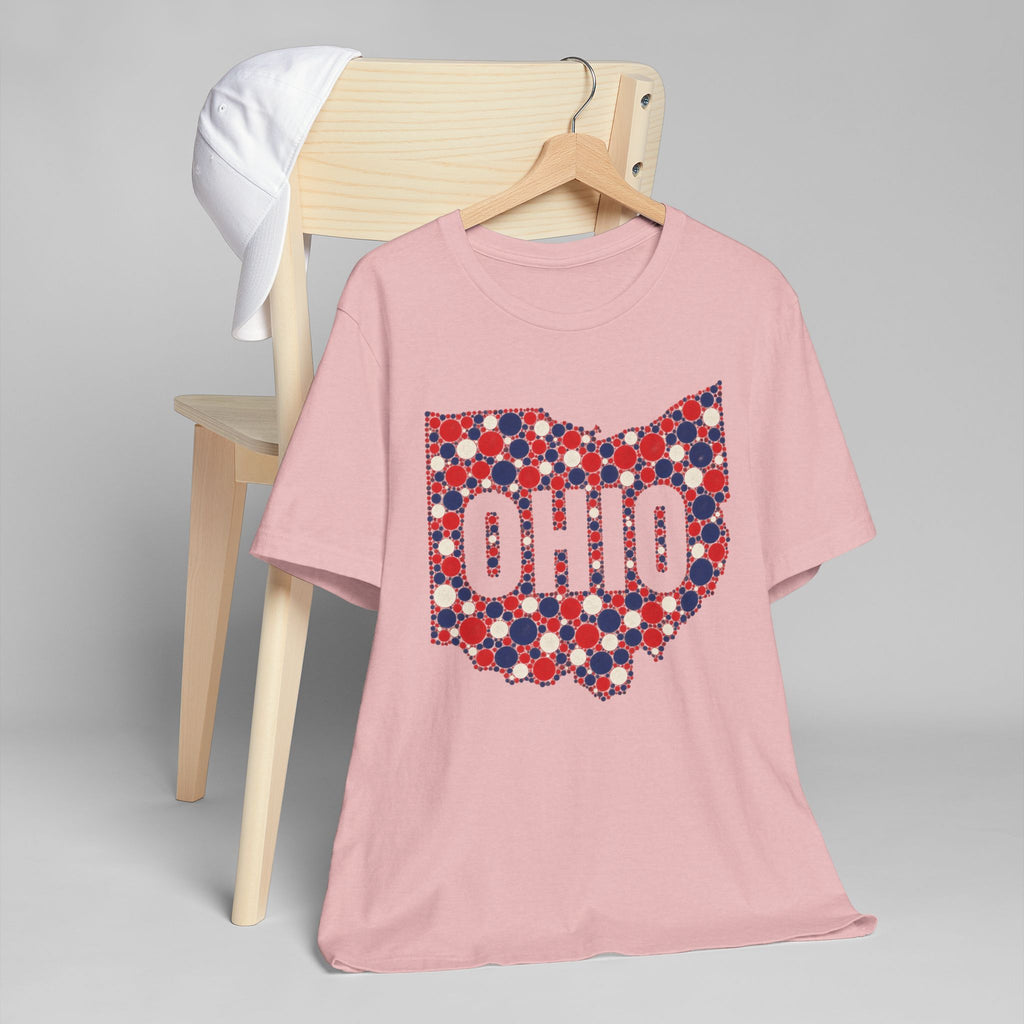 Pink crew-neck T-shirt with red and blue Ohio outline graphic on front.
