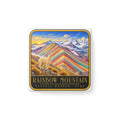 Square white porcelain fridge magnet with rainbow mountain and llama artwork