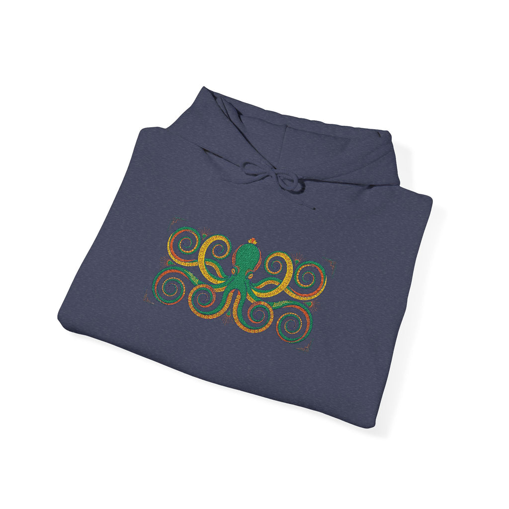 Dark blue pullover hoodie with octopus spiral graphic on front