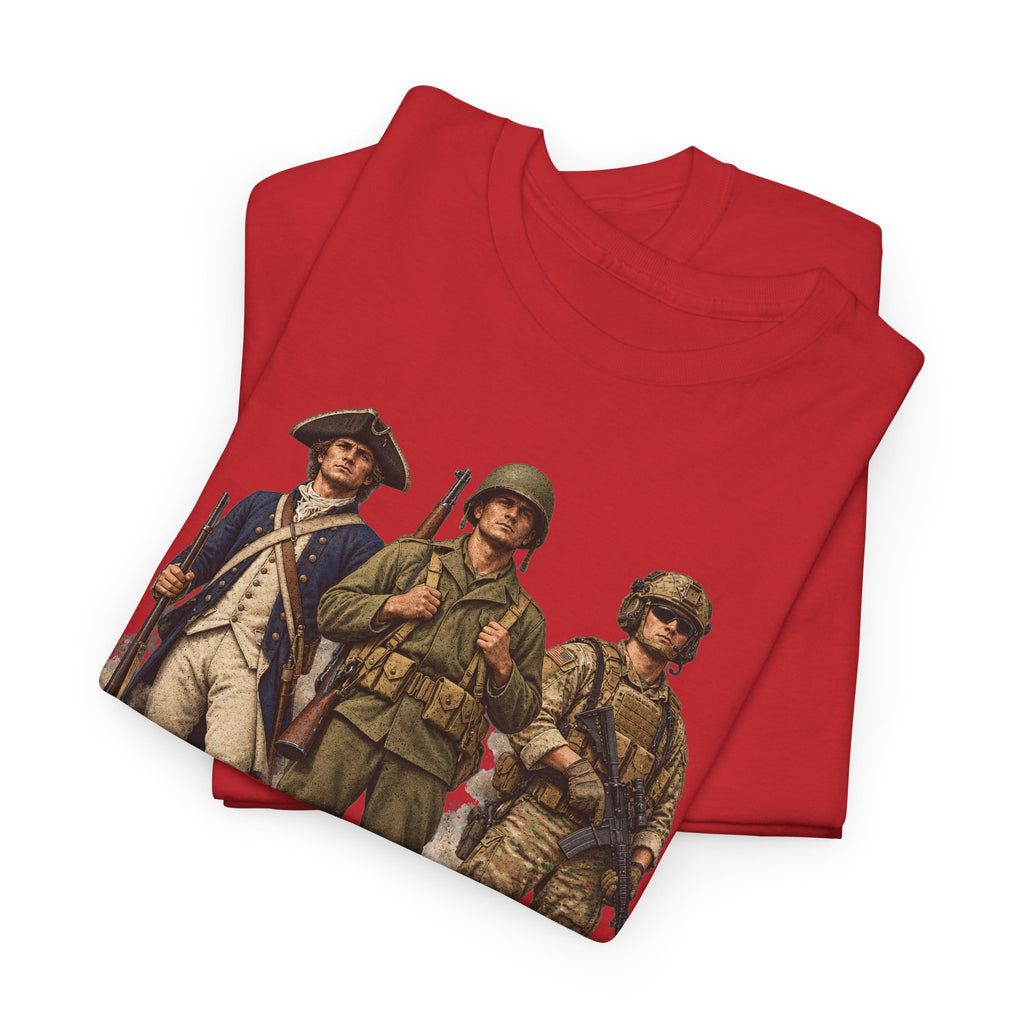 Red crewneck T-shirt with vintage soldiers graphic front print.